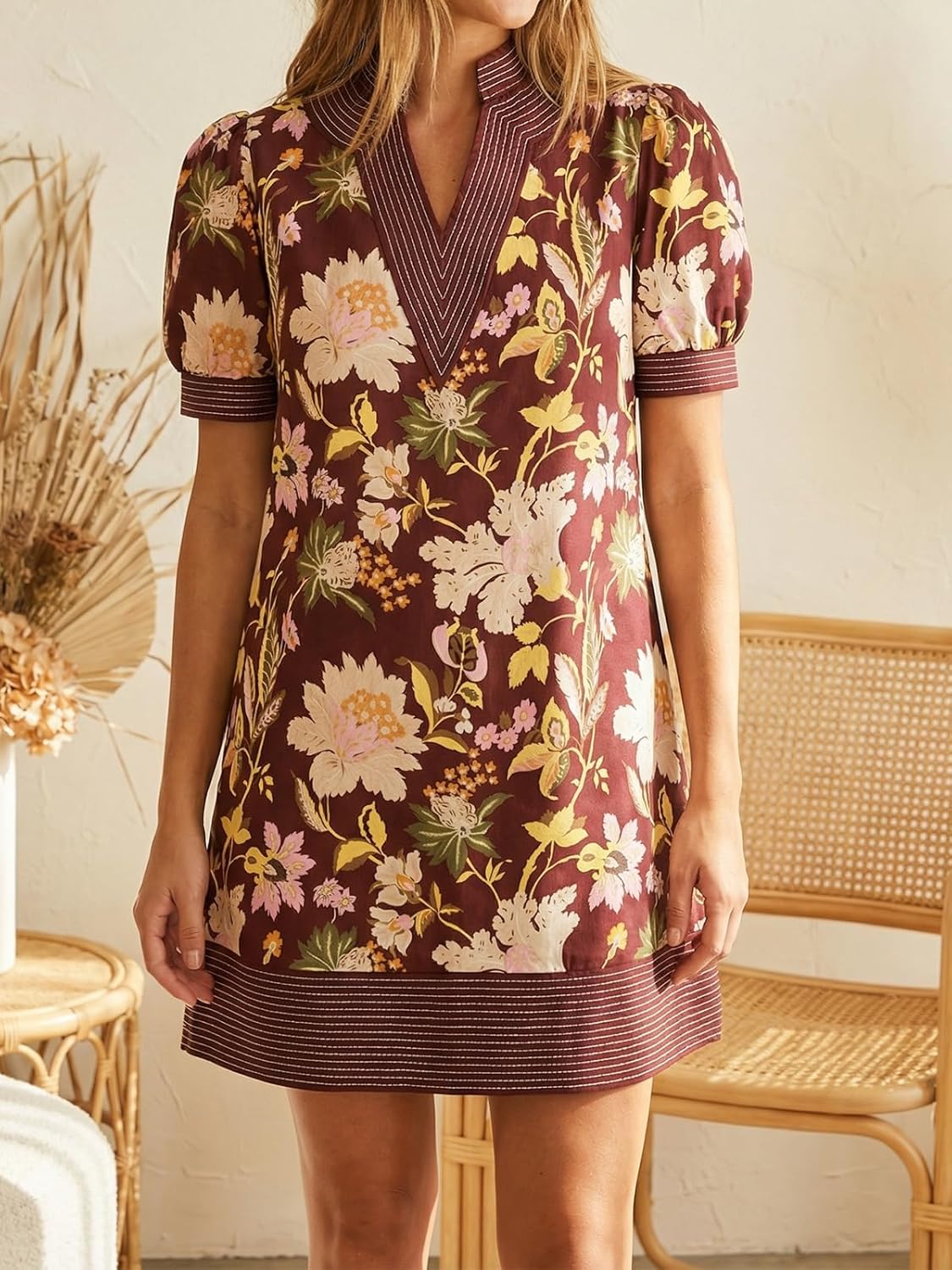 Wenrine Womens Summer V Neck Shift Dresses Casual Puff Short Sleeve Color Block Short Boho Beach Dresses with Pockets - Image 2