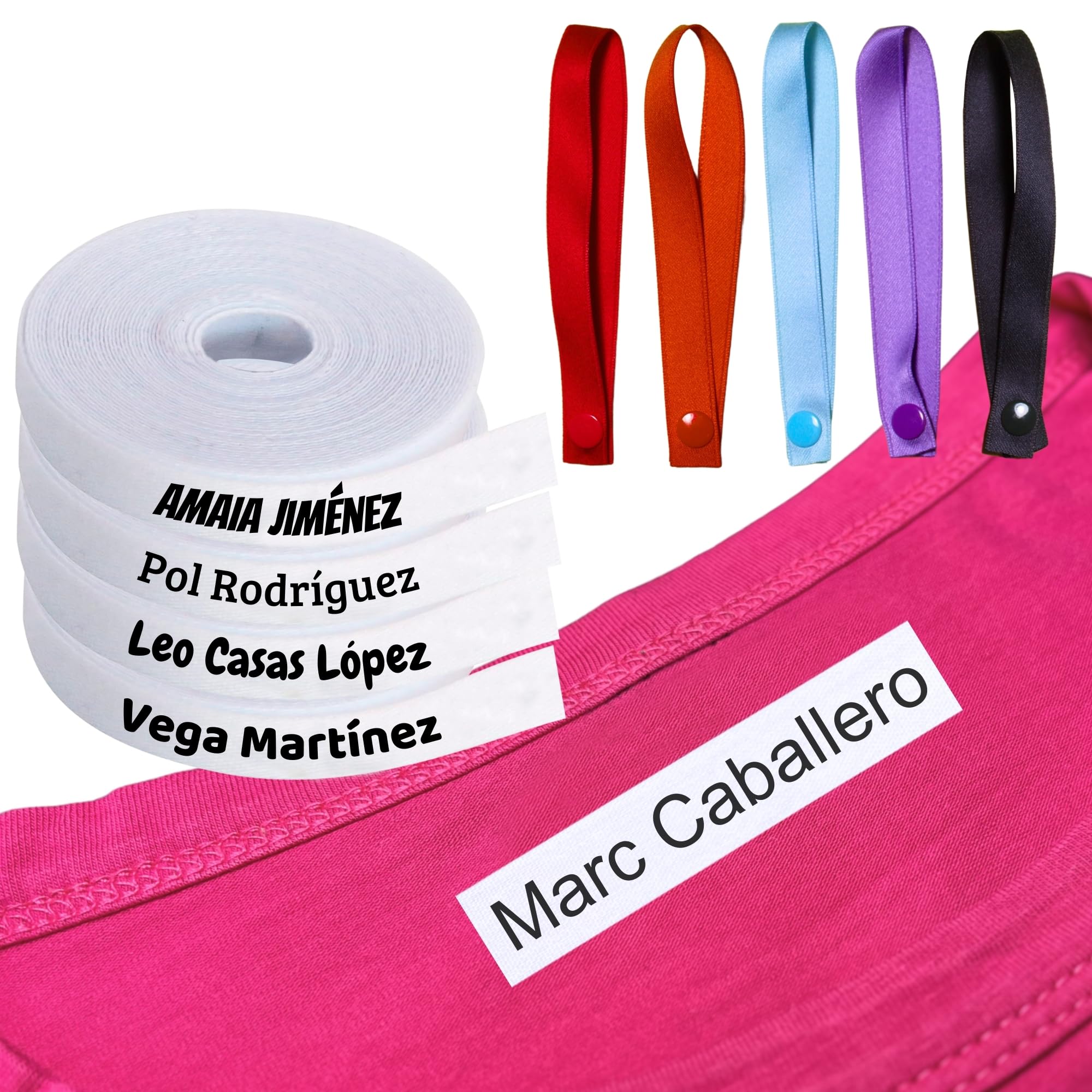 100 Etiquetas para Ropa Personalizadas con Nombre y 5 colgadores - Marcador Termoadhesivo Infantil para vuelta al cole, niños, guardería - Etiquetas de tela blanca para camisetas, abrigos...