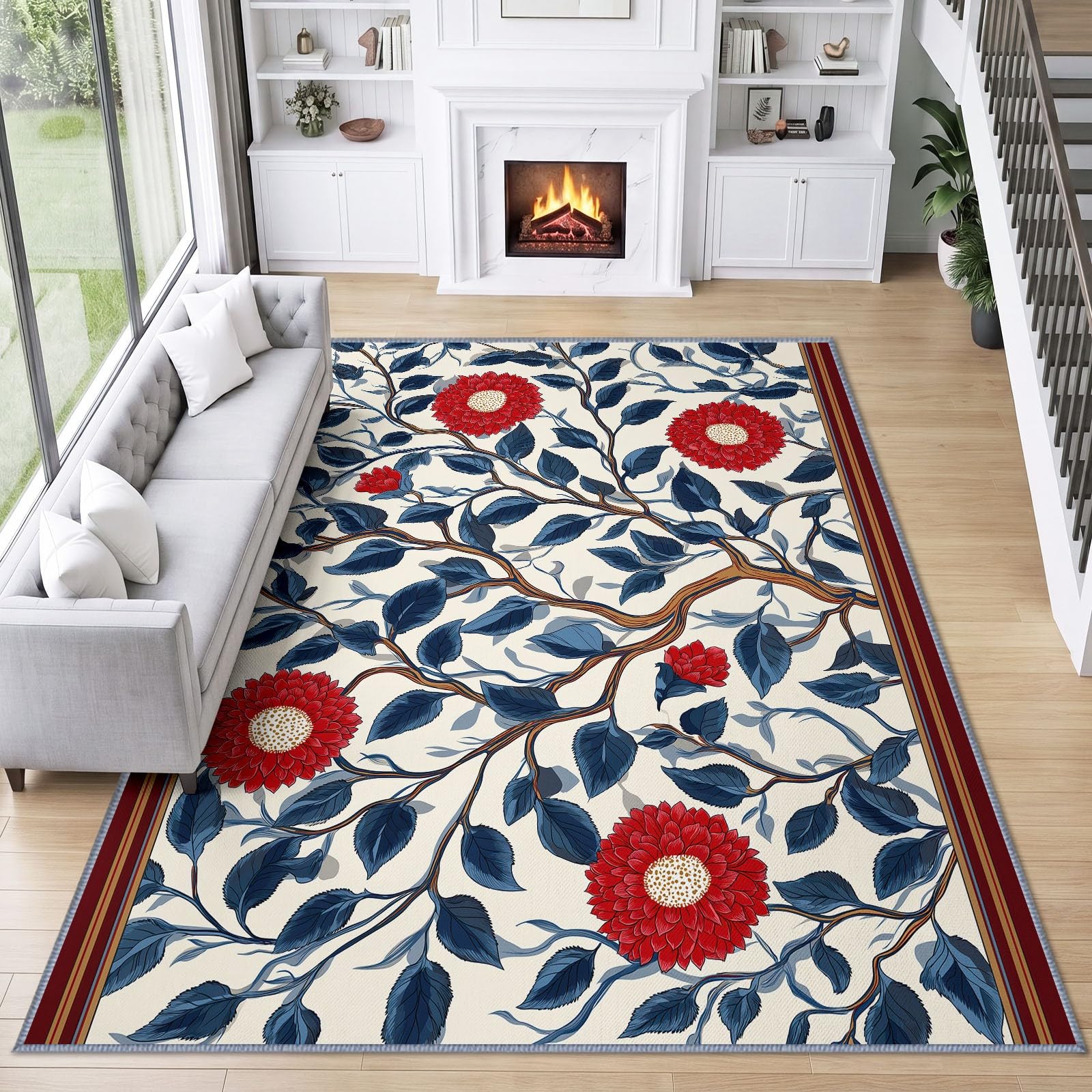 Générique Tapis Salon Motif Floral Rouge Oriental Vignes 100 x 160 cm, Lavable en Machine Tapis de Sol Vintage Traditionnel Doux Antidérapant pour Entree Interieur, Chambre, Salle à Manger