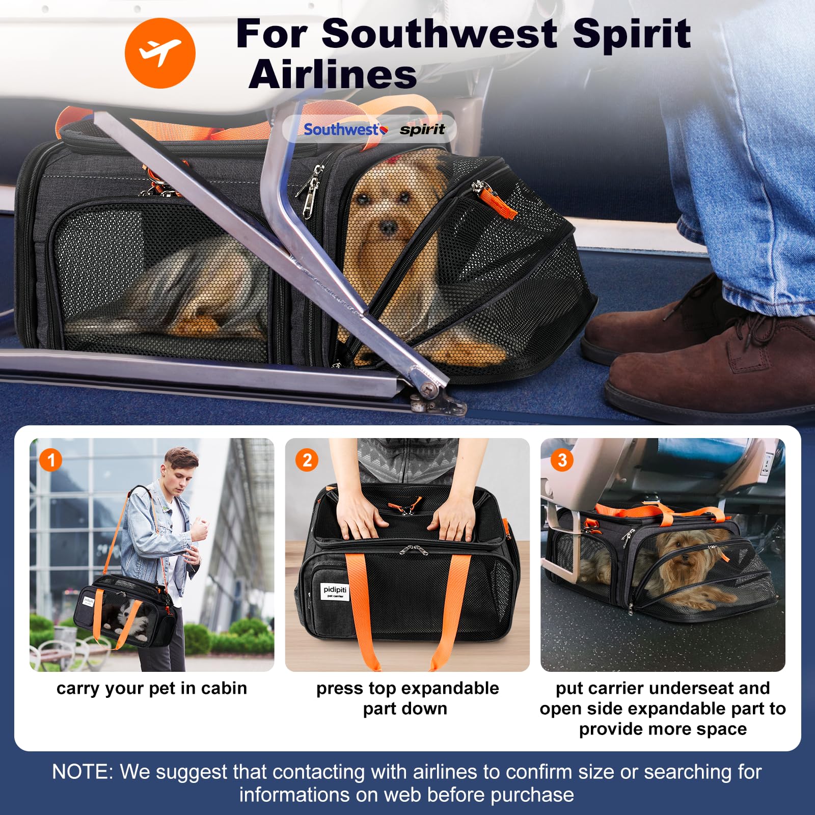 pidipiti 18x13.5x9 TSA Approved top and 1 Side Expandable pet Carrier for Small Dog Puppy cat up to 10 lbs Weight and 17'' Length, for Spirit Southwest Airlines