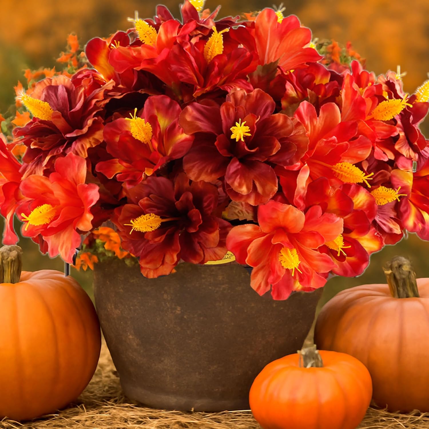 Artificial Fall Flowers for Decoration, Fake Hibiscus Plant for Outdoor, 6PCS Autumn Silk Faux Hibiscus Flower UV Resistant No Fade for Garden Balcony Yard Porch Realistic Decor