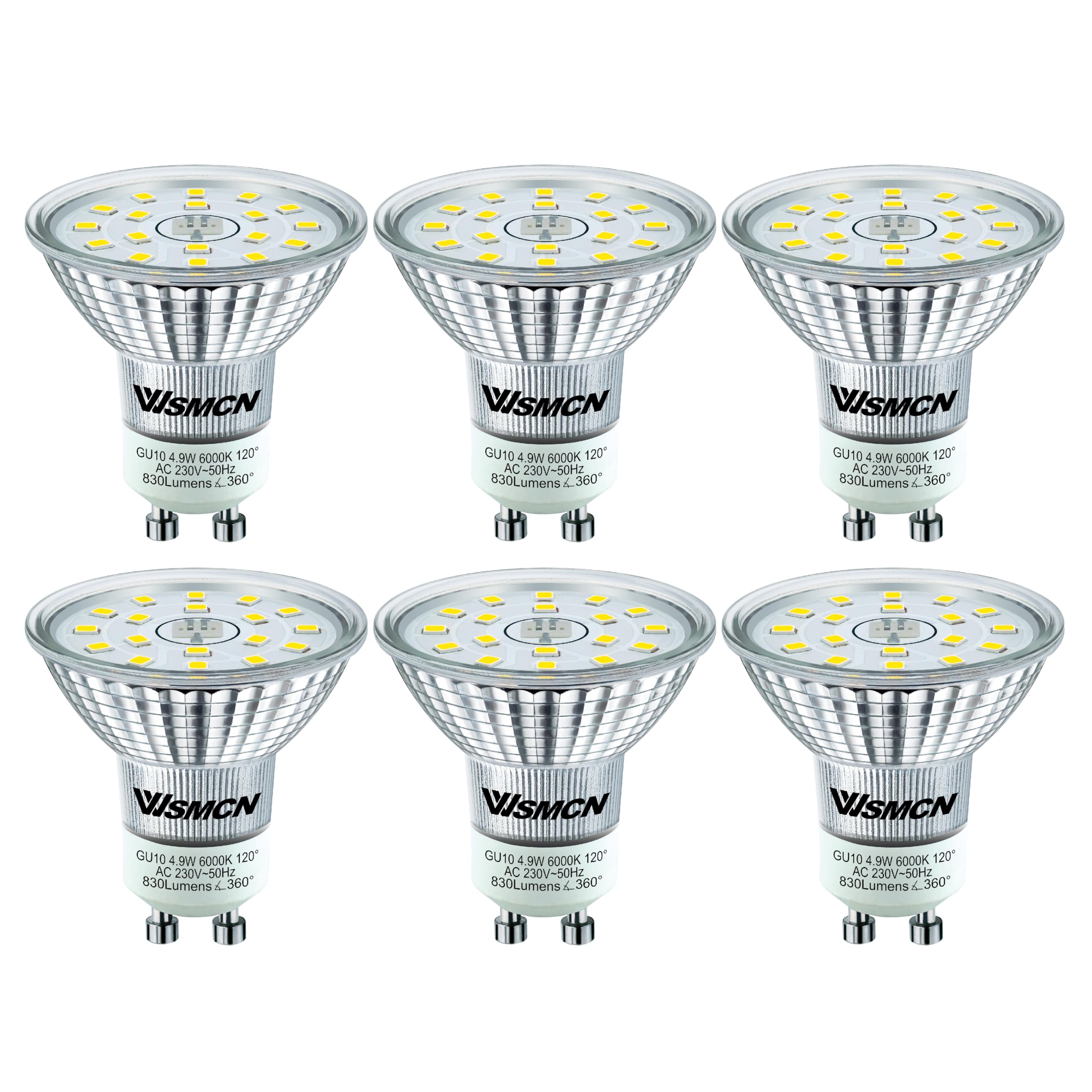WSMCN GU10 LED Cool White Energy Class C Bulb, 4.9W Replaces 100W Halogen Bulb, Reflector Bulb 830 Lumens 6000K, AC 230V Flicker-Free Spotlight, 120° Beam Angle, Non-Dimmable, Pack of 6