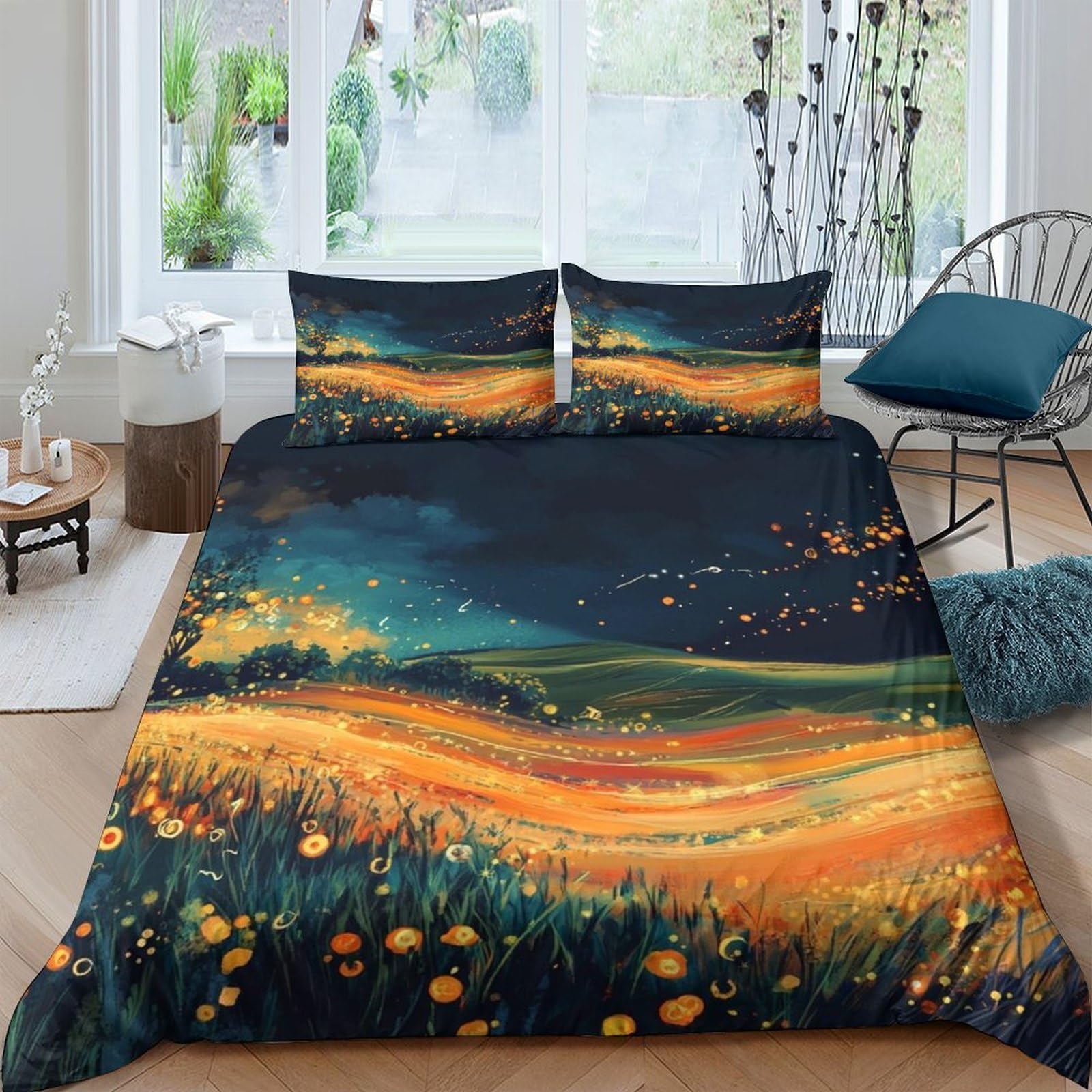 Ctjqhvkz Style-10 3D Printed Sunset Meadow Fitted Sheet Microfiber Orange Green Landscape Mattress Cover For Bedroom Guest Room Home Decor Single（135X200cm）