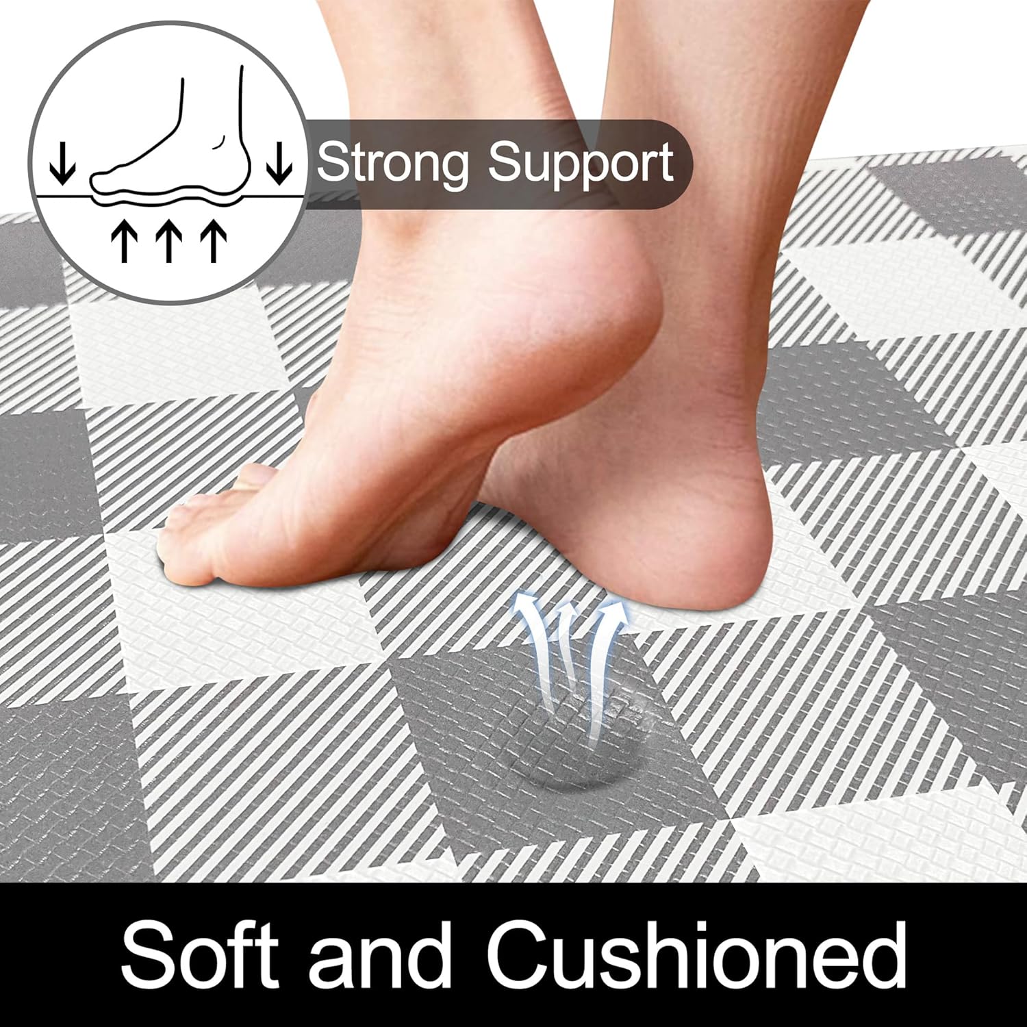 Kitchen Mat Anti Fatigue Mats for Kitchen Floor Runner 17.3''x59'' Grey and White Buffalo Plaid Kitchen Rug Waterproof Cushion Comfort Mat for Standing Sink Office Desk Laundry