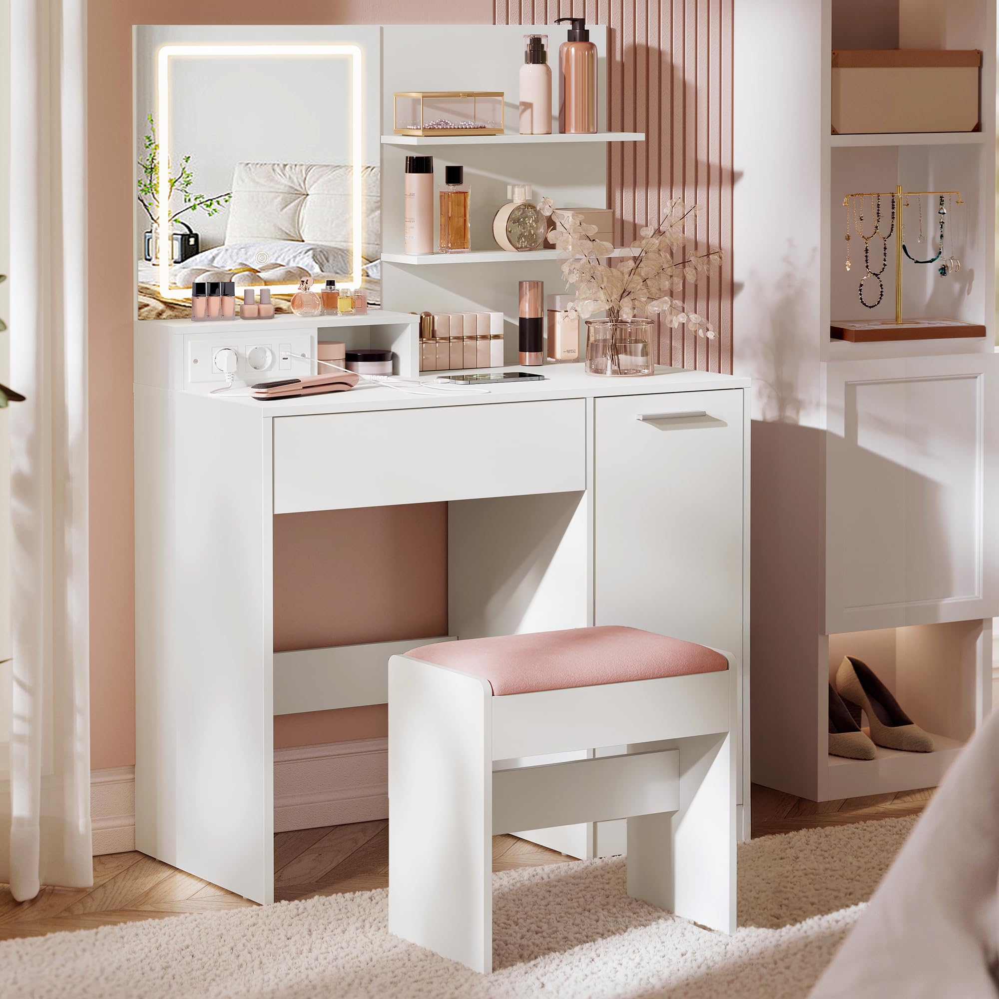 VASAGLE Kailyn Collection - Coiffeuse avec Miroir LED et Tabouret, avec Multiprise, Compartiment avec 2 Étagères Réglables, 1 Tiroir, 2 Étagères, Coin Beauté, Moderne, Blanc RDT738W01