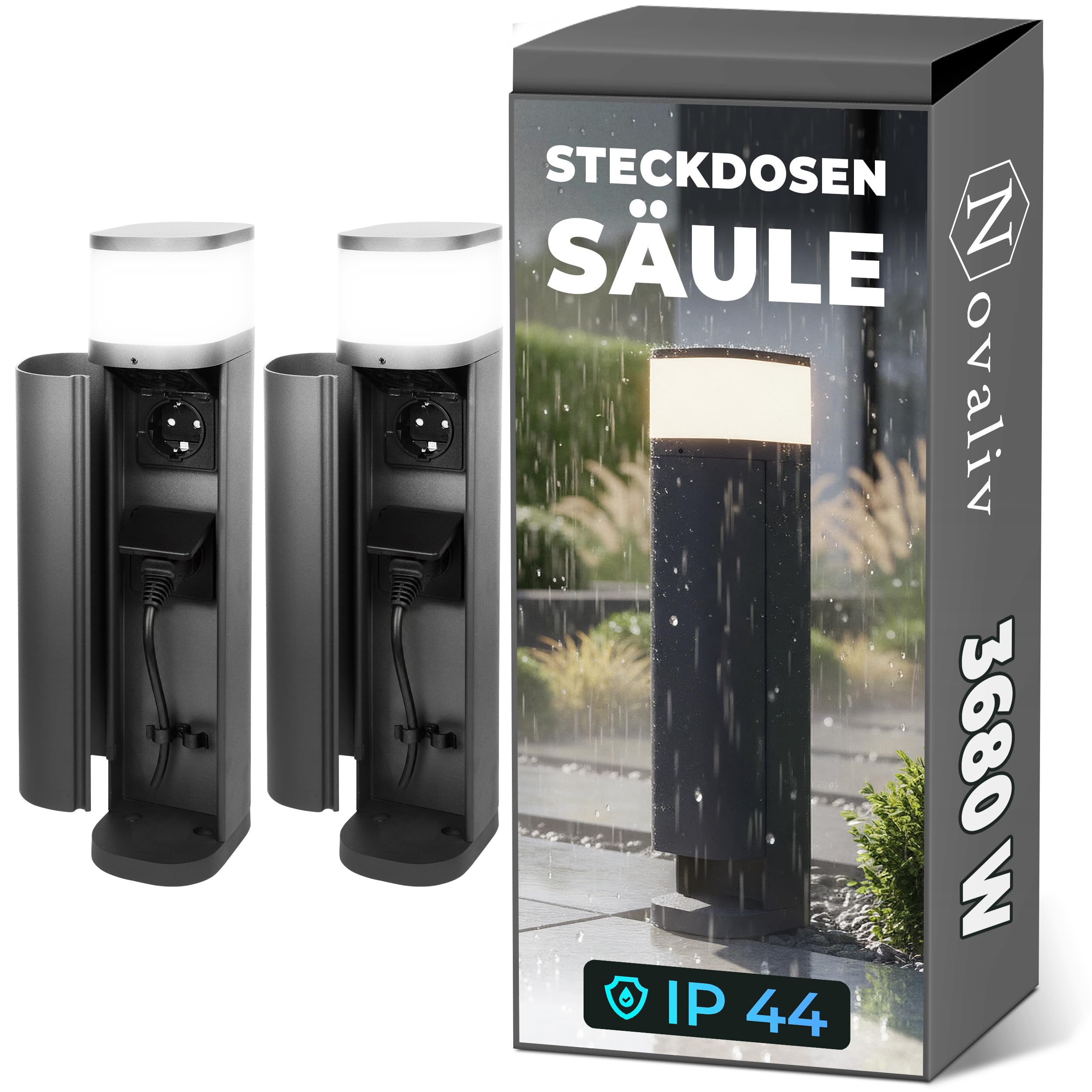 Novatool 2x Borne lumineuse extérieure avec prise 2 entrées Anthracite ronde avec cache IP44 Prise de jardin Prise extérieure Colonne de prise de jardin Tour de prise de jardin