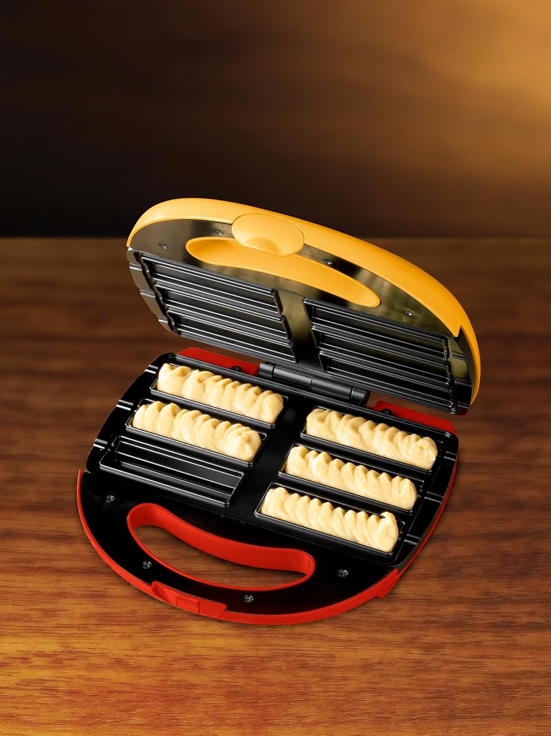 Nostalgia Taco Tuesday Electric Churro Maker – Nonstick, 6-Slot Dual Cooking Plates for Homemade Churros and Cinnamon Pasties – Yellow and Red