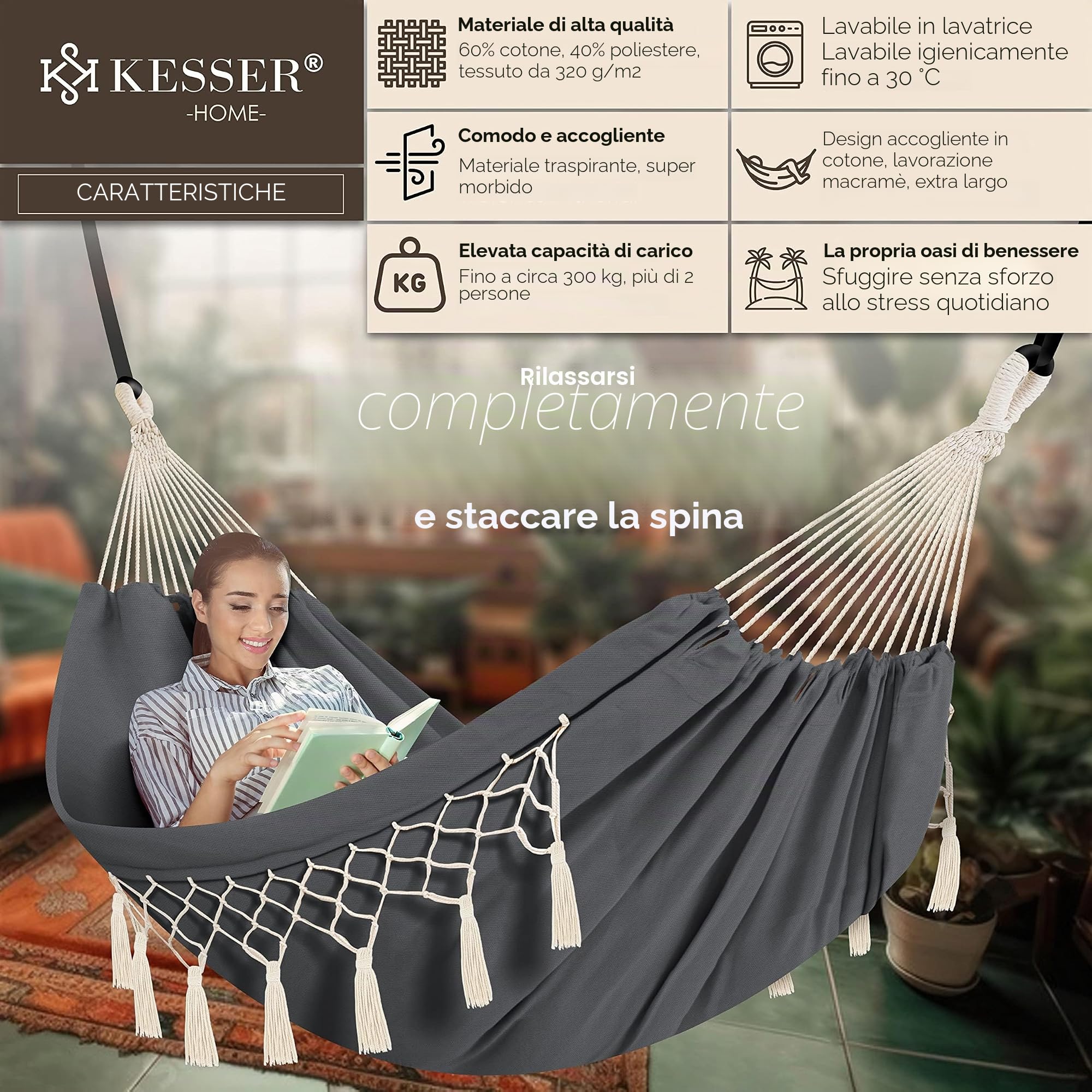 KESSER® Amaca capacità di carico 300 kg 320x150 cm capacità di carico max 300 kg, 1-2 persone, traspirante, resistente alle intemperie, ideale per campeggio giardino, amaca in tessuto, antracite