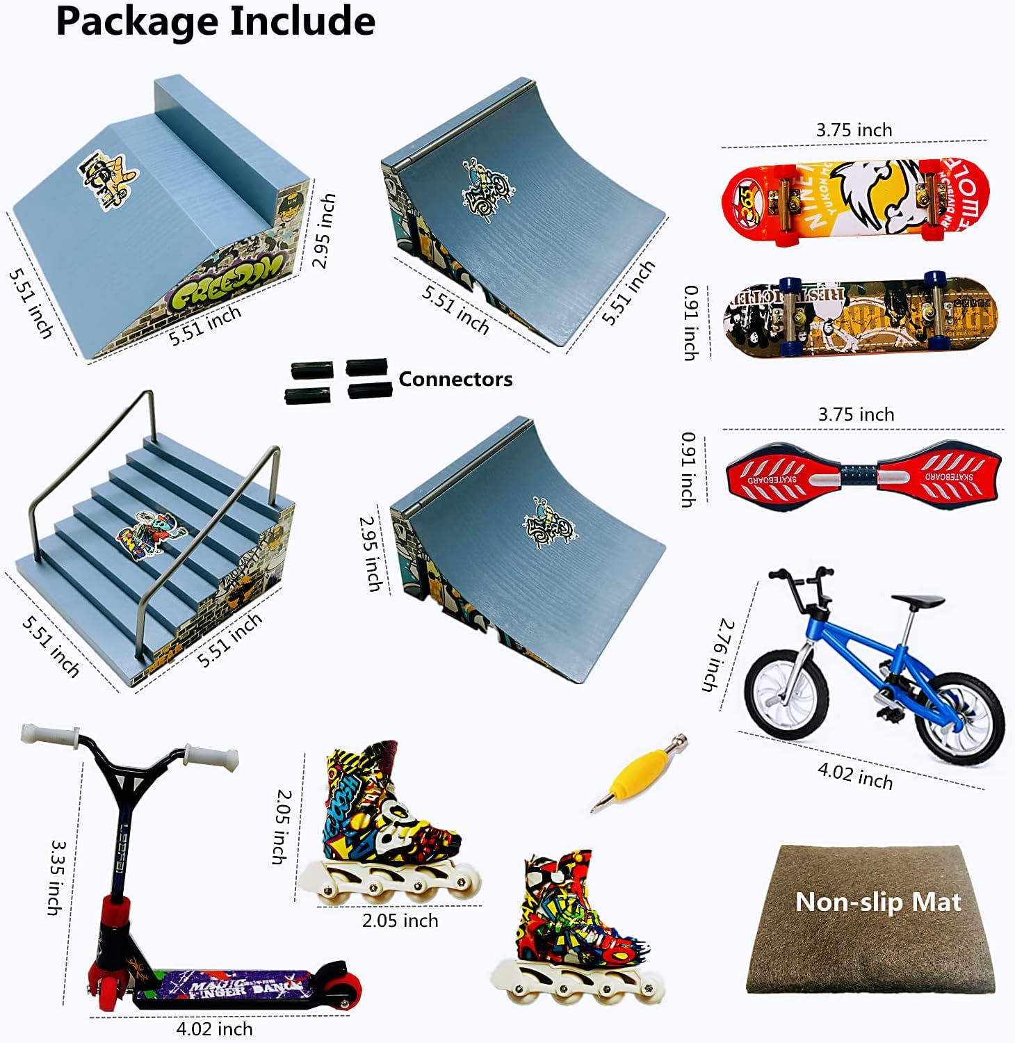 Kidsdream Skate Park Kit Ramp Parts for Finger Skateboard Training Props Including Skateboards, Ramps, Skates, Scooters and Non-Slip mat (4pcs)