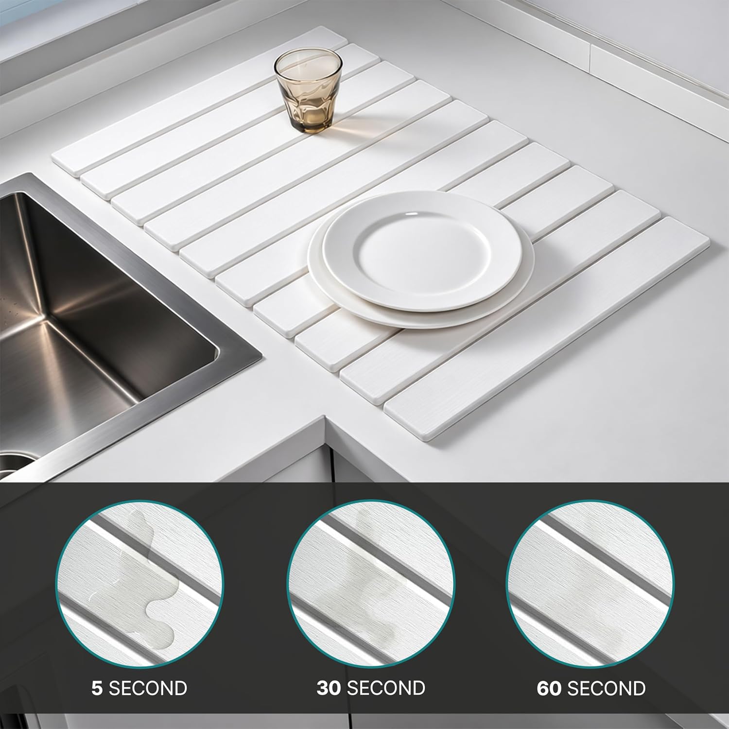 Condition photo showing New/Like New for stone dish drying mat for kitchen counter, easy to clean fast absorbing collapsible quick dry & 24” 16” spark white