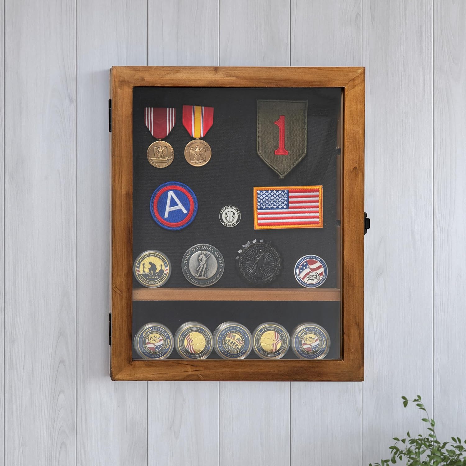 HBCY Creations 11x14 Rustic Brown Medals Display Case with Removable Shelves - Solid Wood with Acrylic Window - Anti-Theft Lock 2 Keys - for Mementos and Keepsakes