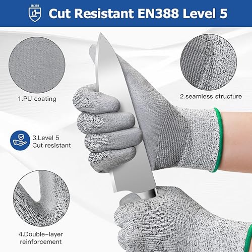 Miniatura 2 de Guantes de trabajo resistentes a cortes de ZWZX, nivel de corte A5, guantes recubiertos de poliuretano, manos antideslizantes, 2 pares