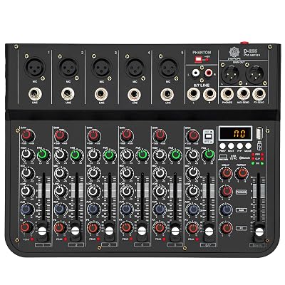 DIGIMORE 7 Channel Audio Mixer with USB & BT Playback | 48V Phantom Power | Stereo XLR Outs | Delay & Reverb Effects | I