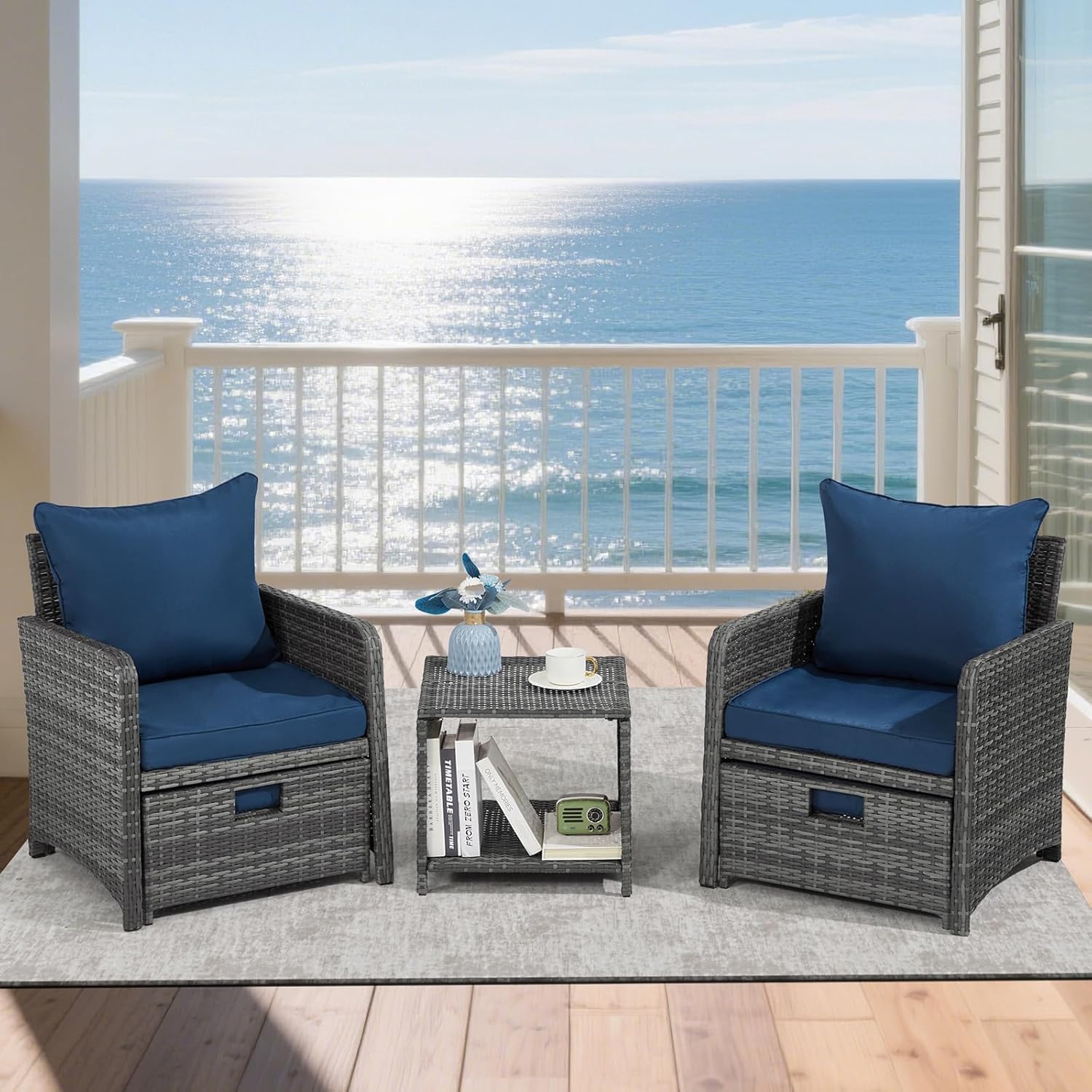 Wicker Patio Furniture Set, Balcony Furniture with Ottoman & Side Table for Lawn Pool Garden (Navy Blue&Grey Rattan)