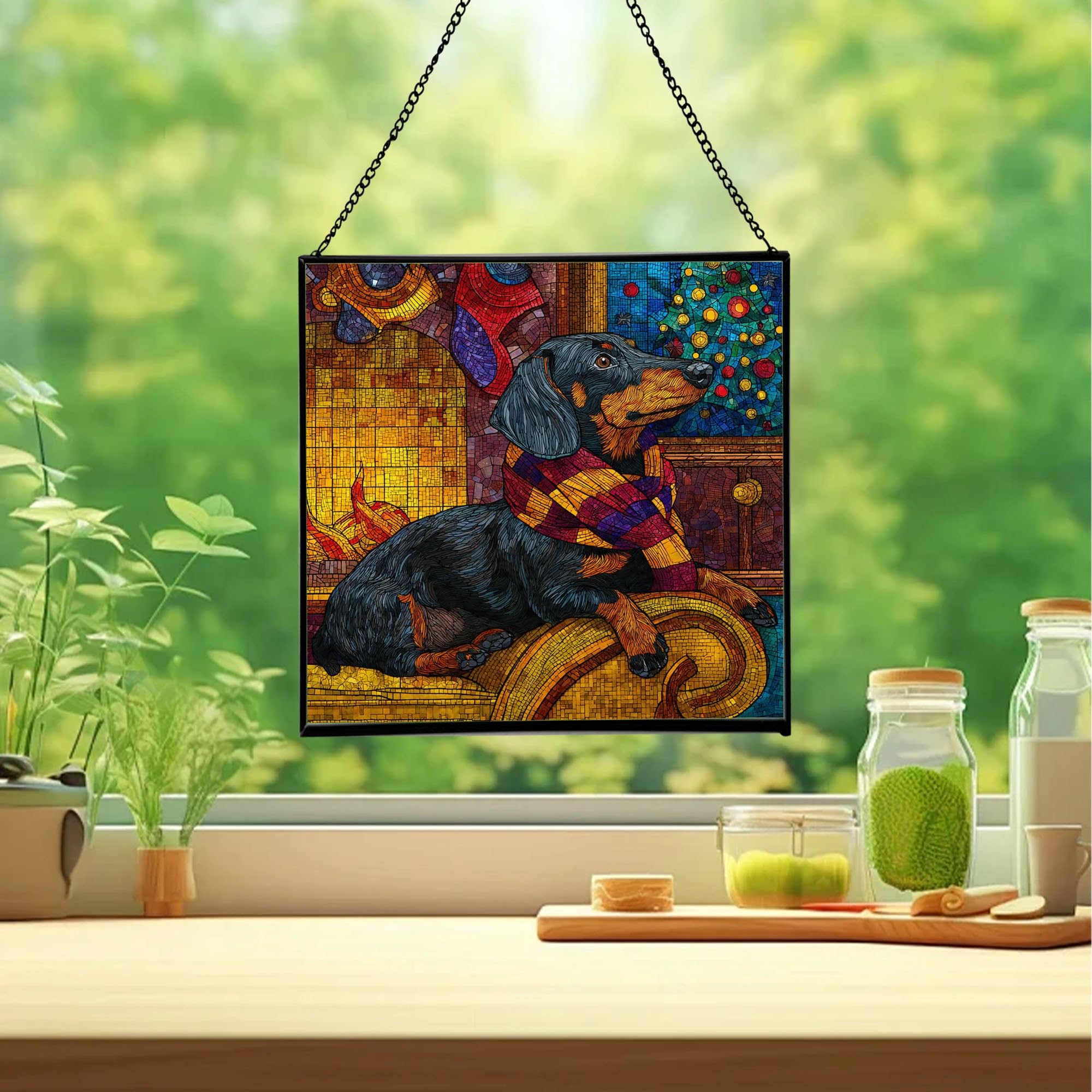 Dachshund Christmas Stained Glass Suncatcher – Square Hanging Holiday Window Panel with Cozy Fireplace Scene – Winter Glass Art Decoration Gift for Animal Lovers, Pet Owners HMor8j