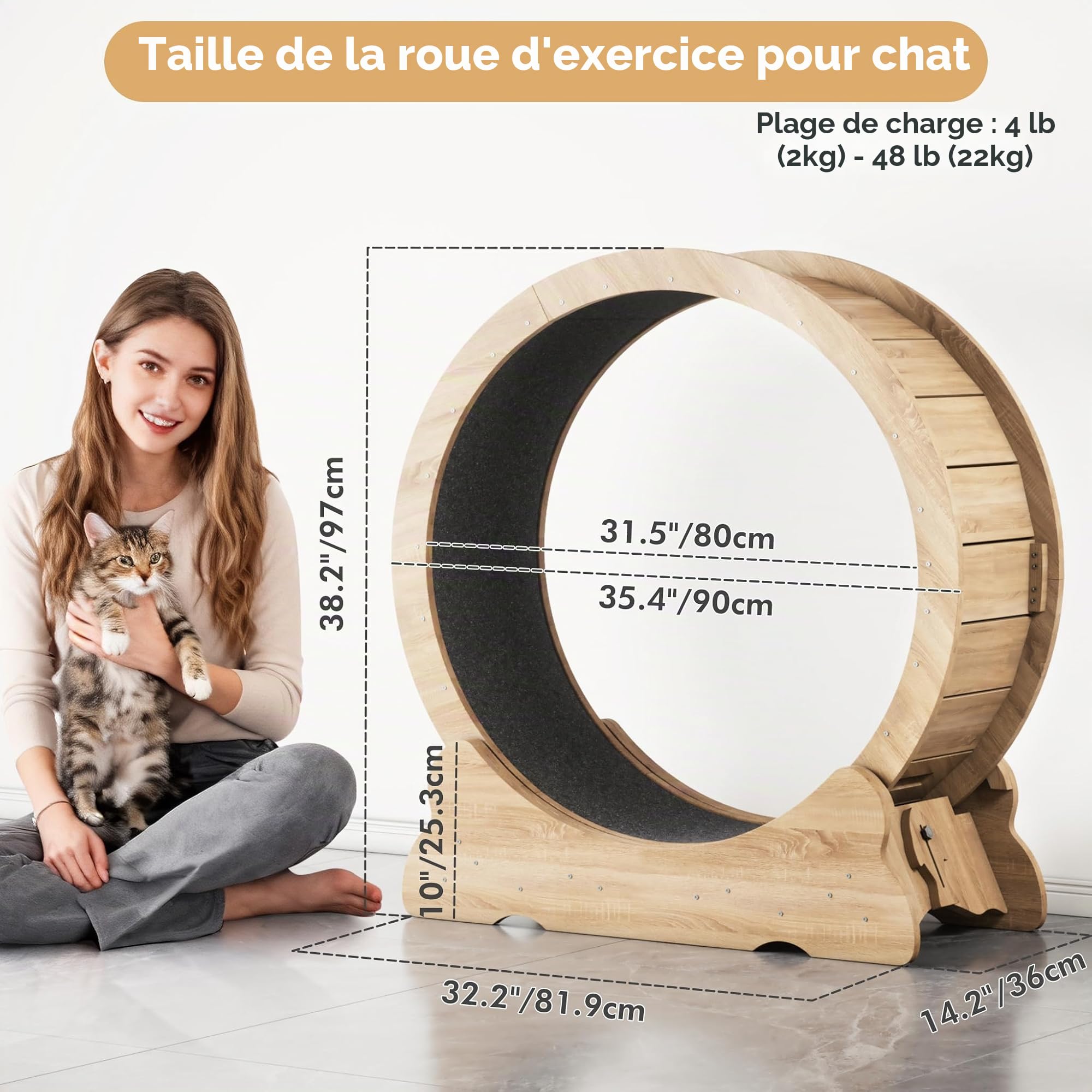 Mondeer Roue pour Chat d'intérieur avec Piste Moquette, Tapis de Course XL de 90 cm avec Tapis Amovible et Jouet pour Chat, pour Course à Pied, Marche, entraînement (Bois Naturel)