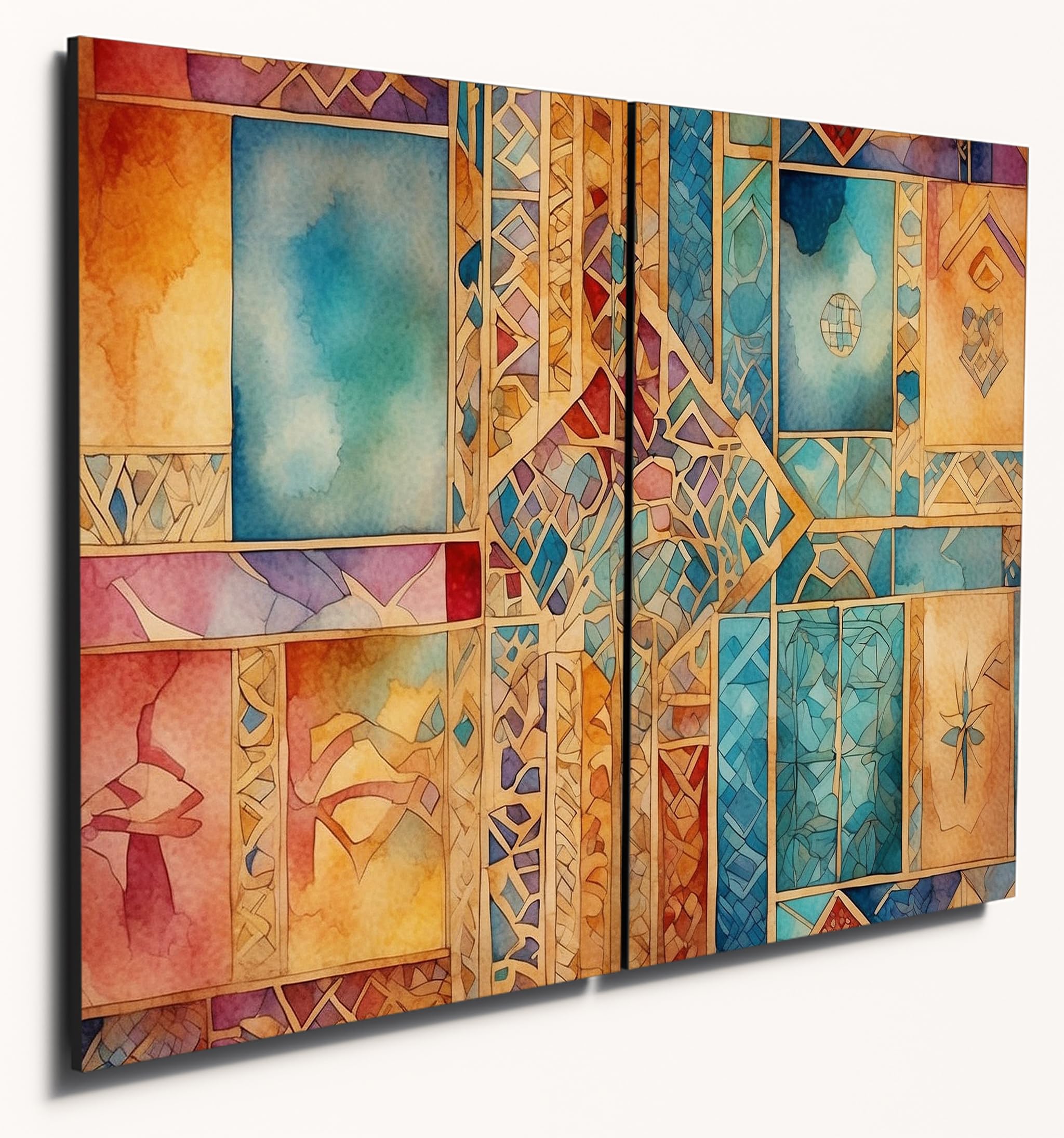 The Plum Penguin Design 1 Moroccan-Inspired Abstract Watercolour Geometric Wood Wall Art 2X A4 Mdf Panels Canvas Alternative 40 X 30Cm