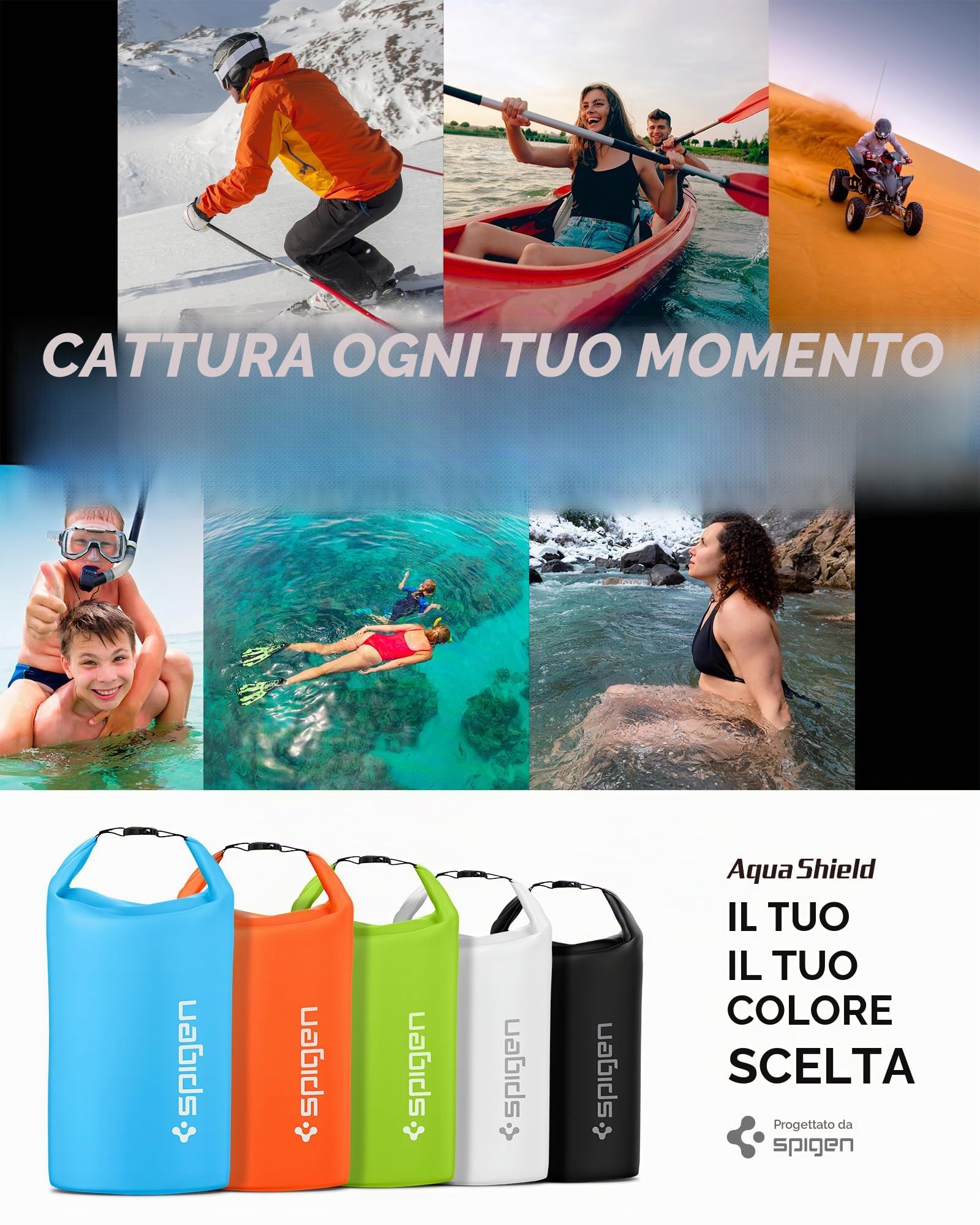 Spigen A631 Borsa Impermeabile IPX6 30L con Tasca | Nero, Borsa Impermeabile IPX6 30L, Tasca Interna, Cinghie Regolabili per Zaino o Tracolla. Roll-top