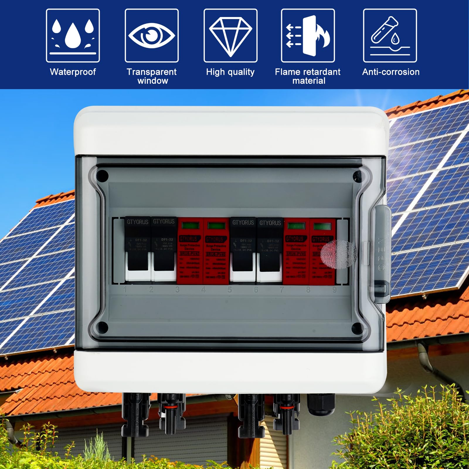 Scatola di Giunzione Solare Fotovoltaica, IP65 Scatola di Fusibili 2P DC 1000V 32A con Protezione Dalle Sovratensioni, 2 Stringhe di 9 Moduli (2 in 2 uscita)