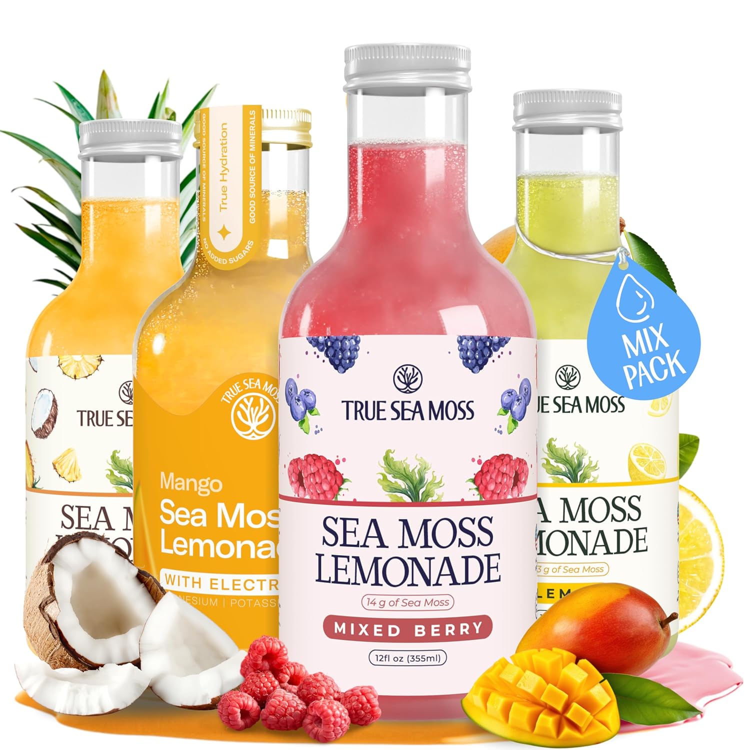 Sea Moss Lemonade Variety Pack – 4 Flavors Sampler: Lemon, Mango with electrolyte, Berry, Pina Colada – Vegan Hydration Drink – 4 x 12 fl oz Bottles – Made in USA