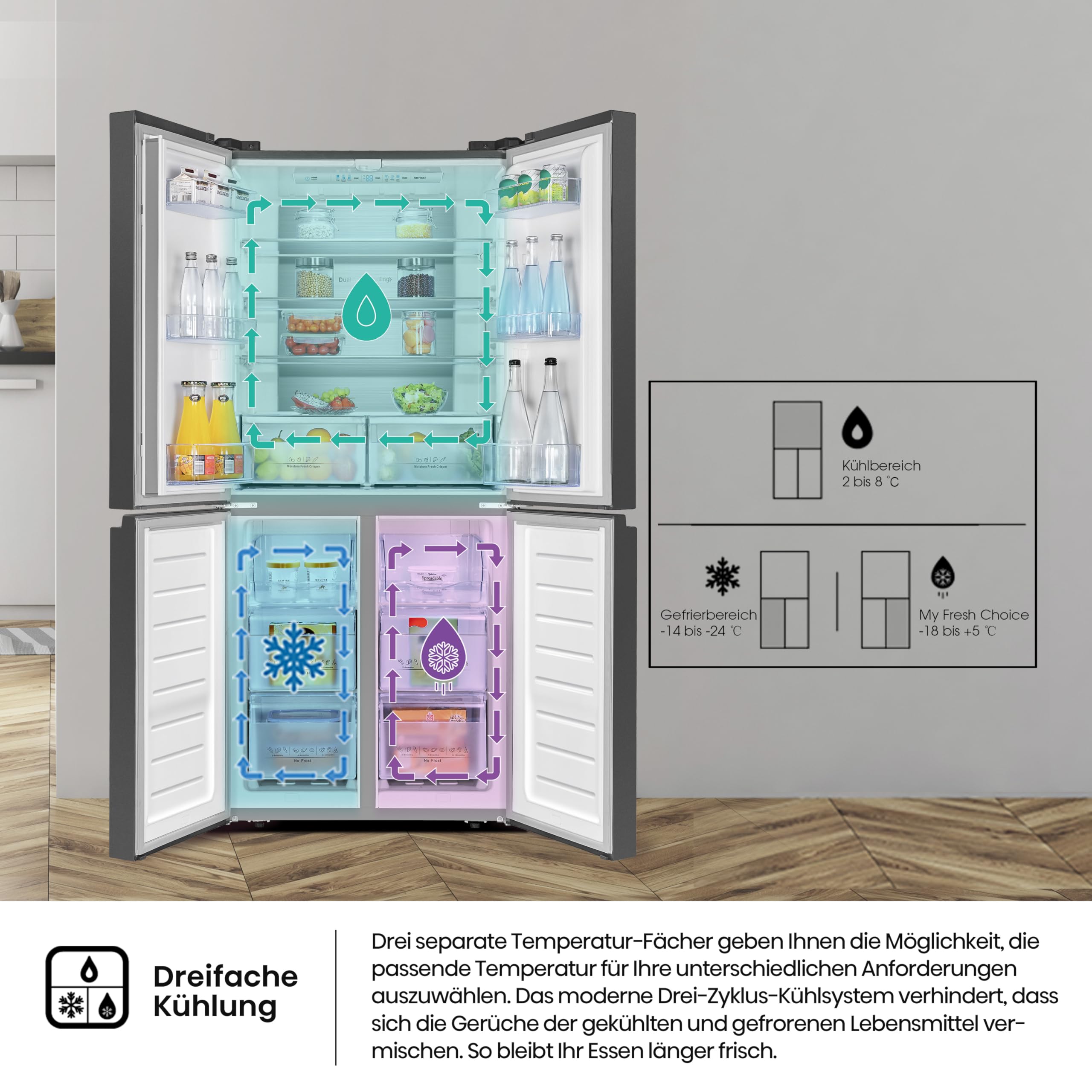 Hisense RQ563N4SF2 Cross Door Kühl-Gefrierkombination/ NoFrostPlus/ Inverter-Kompressor/ HolidayMode/ SuperCool/ 181 cm/ Kühlteil 294 l/ Gefrierteil 160 l/ 40 dB/ 279 kWh/ Jahr/ Schwarz