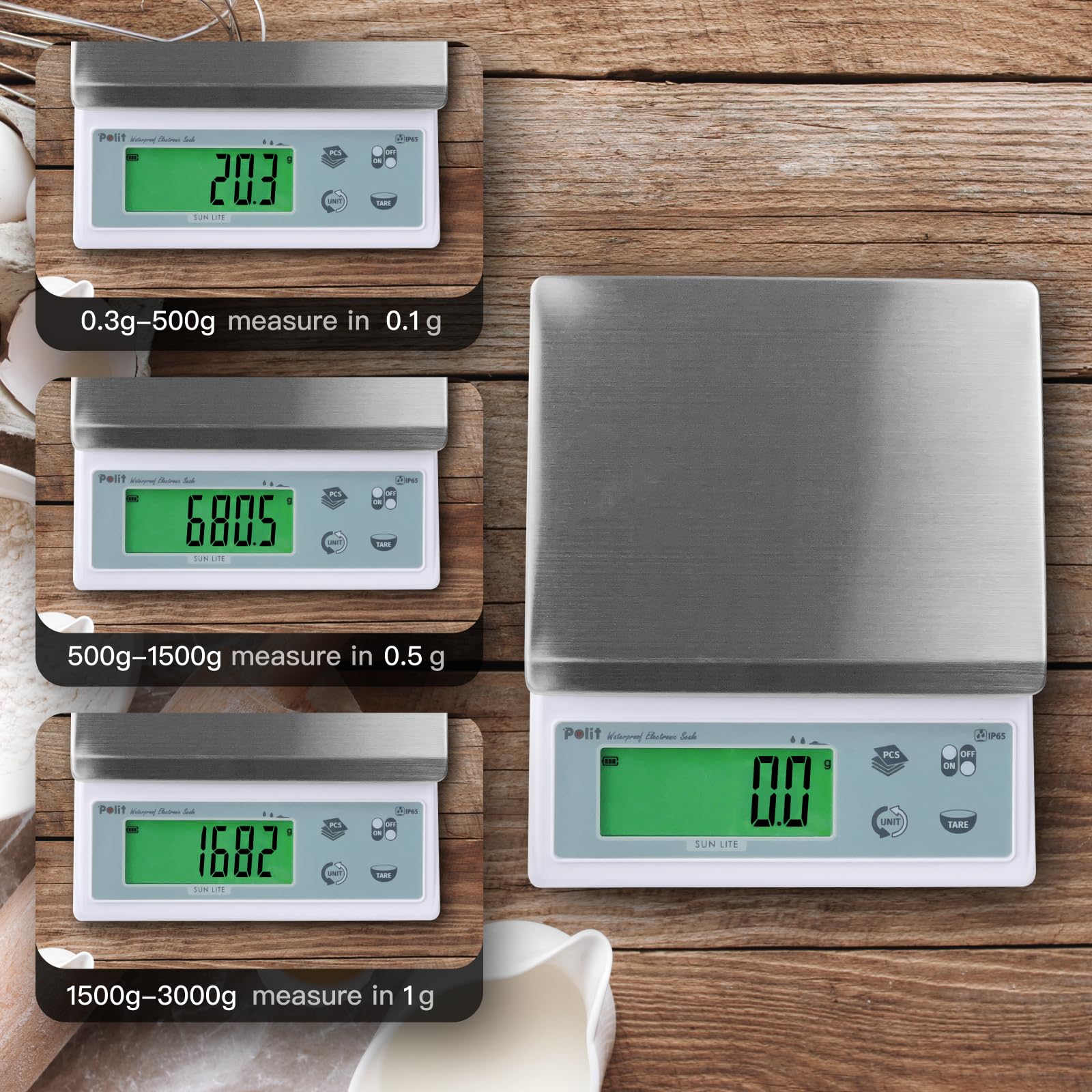 Polit Sun Lite - Báscula digital de cocina para alimentos, 3 kg, precisión de 1 g a 0,1 g, acero inoxidable impermeable con pantalla LCD, 5 unidades de peso (con adaptador de corriente)