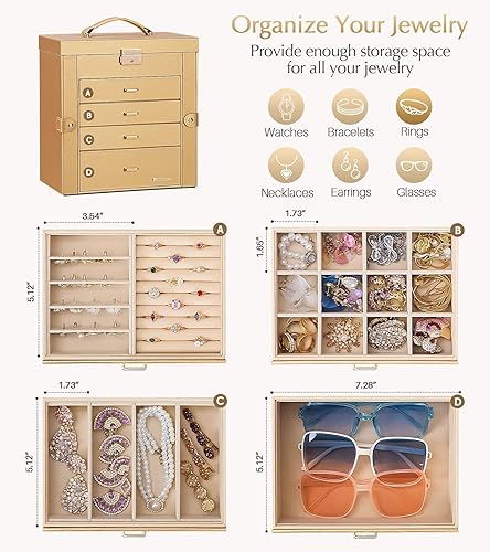 Miniatura 66 de Homde Regalos de Navidad de cuero sintético, enorme joyero, organizador de reloj con espejo, collar, anillo y aretes, estuche de regalo con Dorado