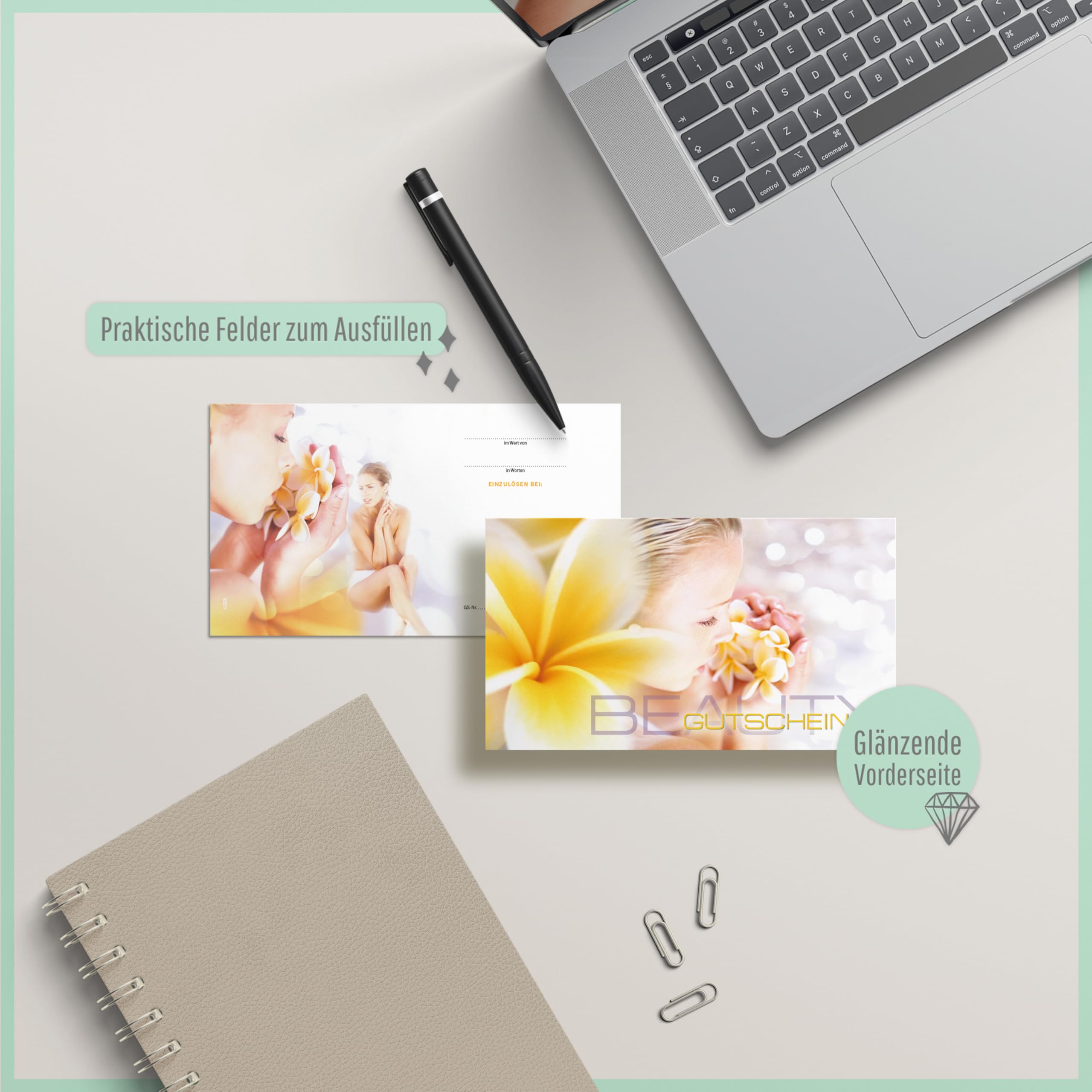 GESCHENKGUTSCHEINcom - 50 Gutscheine mit Umschlag/Schleife für Kosmetikinstitut Kosmetik Wellness - Geschenkgutschein-Vordruck blanko KS1217-2-50