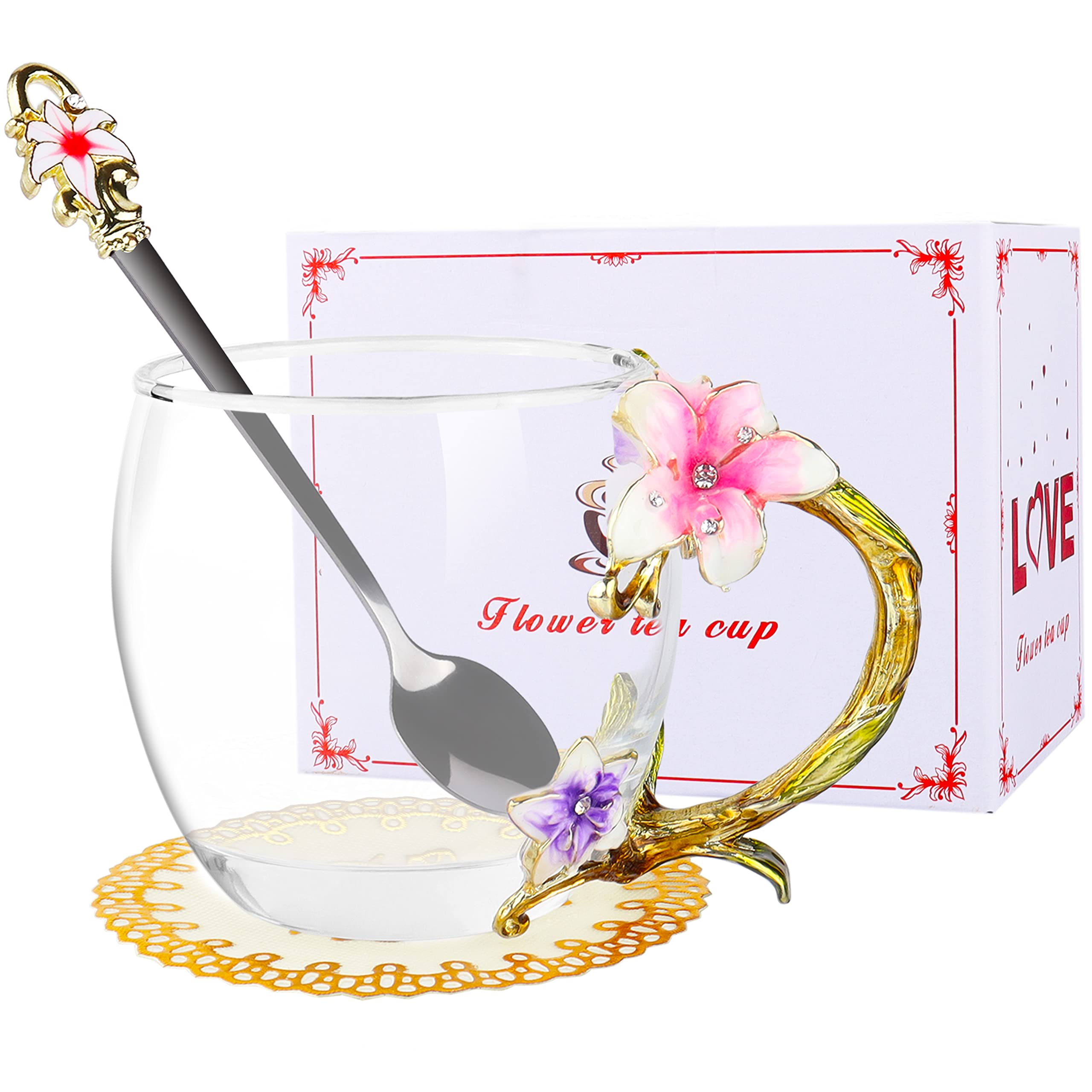 Quazilli Gifts for Mum Glass Flower Tea Cup Coffee Mug with Spoon Gifts for Women on Her Birthday Christmas Mother's Day Valentine's Day Presents for Her Wife Friend (Colorful-A)