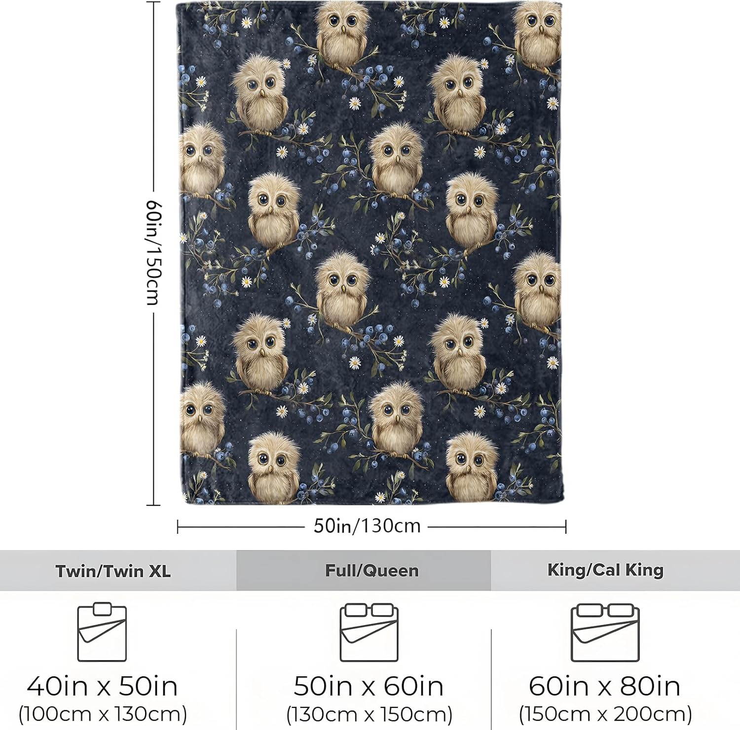 Cute Owl Blanket, Soft Cozy Lightweight Adorable Owls with Flowers and Berries Throw Blanket for Women Kids, Sofa Couch Bed 50x60 Inch Flannel Forest Animal Blankets for Travel Decor Gifts - Image 3