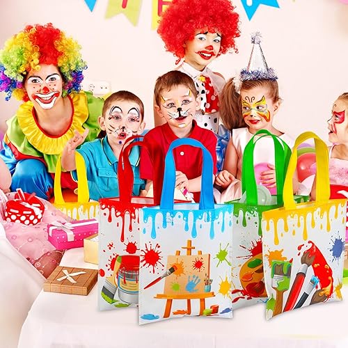 Miniatura 7 de Sweetude 24 bolsas de regalo para fiestas artísticas, bolsas de regalo de pintura no tejida con asas, decoraciones de fiesta de salpicaduras de