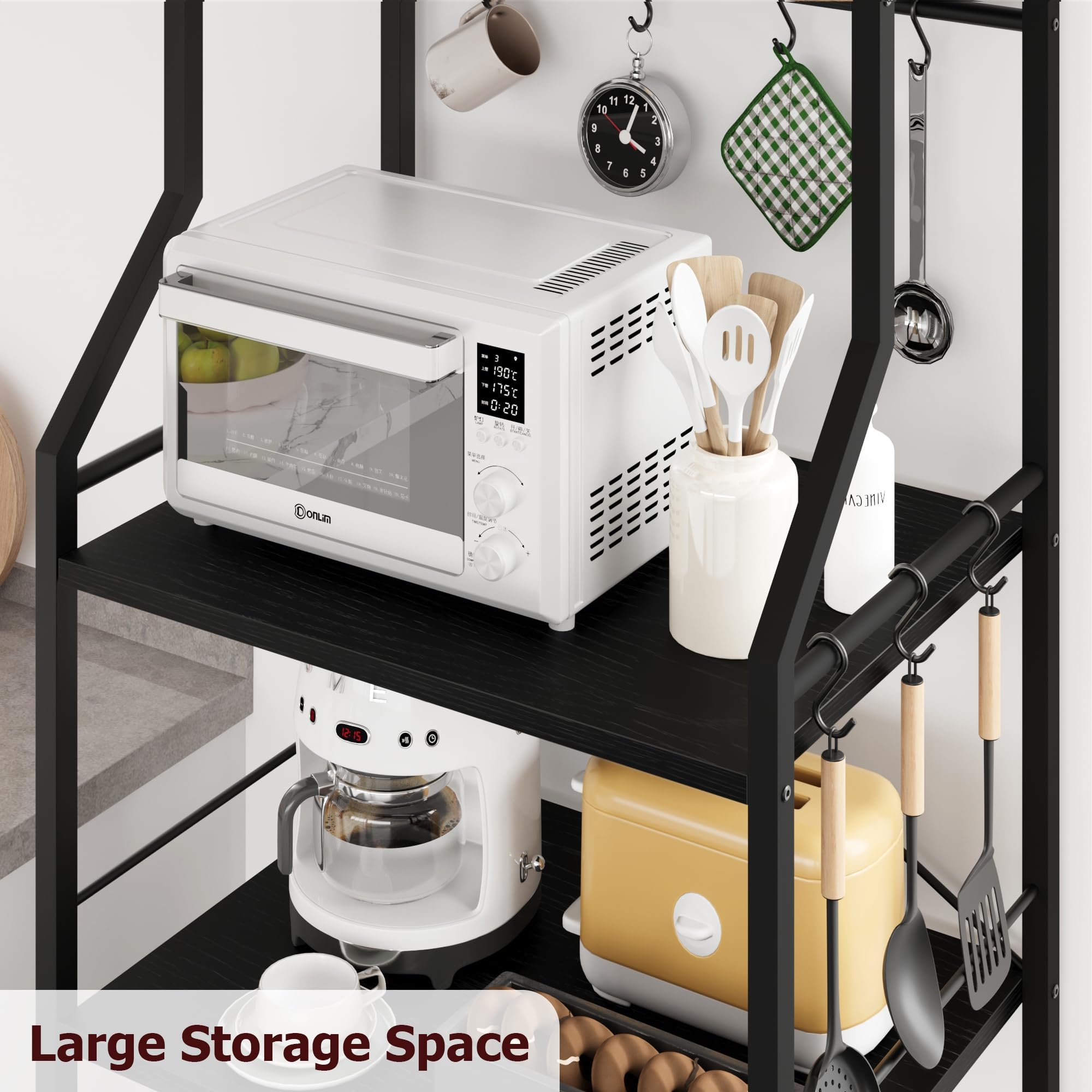 Garvee Estante industrial de cocina de 5 niveles con soporte para microondas – Estante negro con 2 cestas grandes y 8 ganchos para organizar especias y ollas