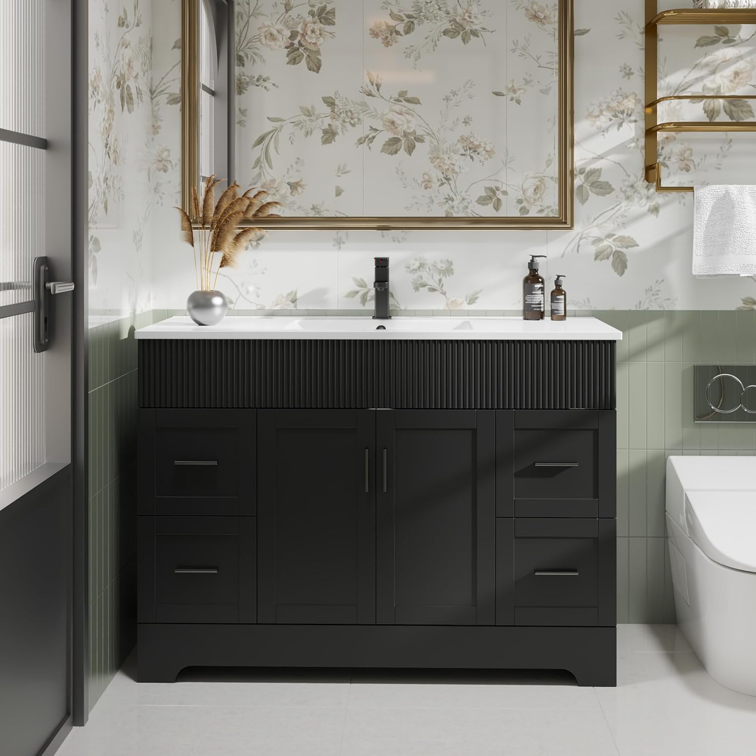 eclife 48" Bathroom Vanities Sink Combo with Painted Surface, Modern Drawered Cabinet W/Decorative Wave Lines, Undermount Single Sink, Matte Black Faucet Drain, Black