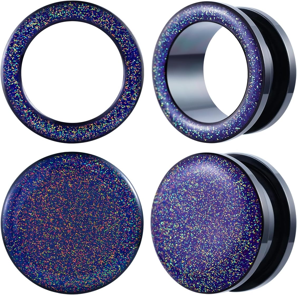 4PCS Shiny Glitter Resin Gauges Stainless Steel Ear Tunnels and Plugs White Red Purple and Blue Glitter Colorful Ear Gagues Screw Fit Expander Stretcher Piercings