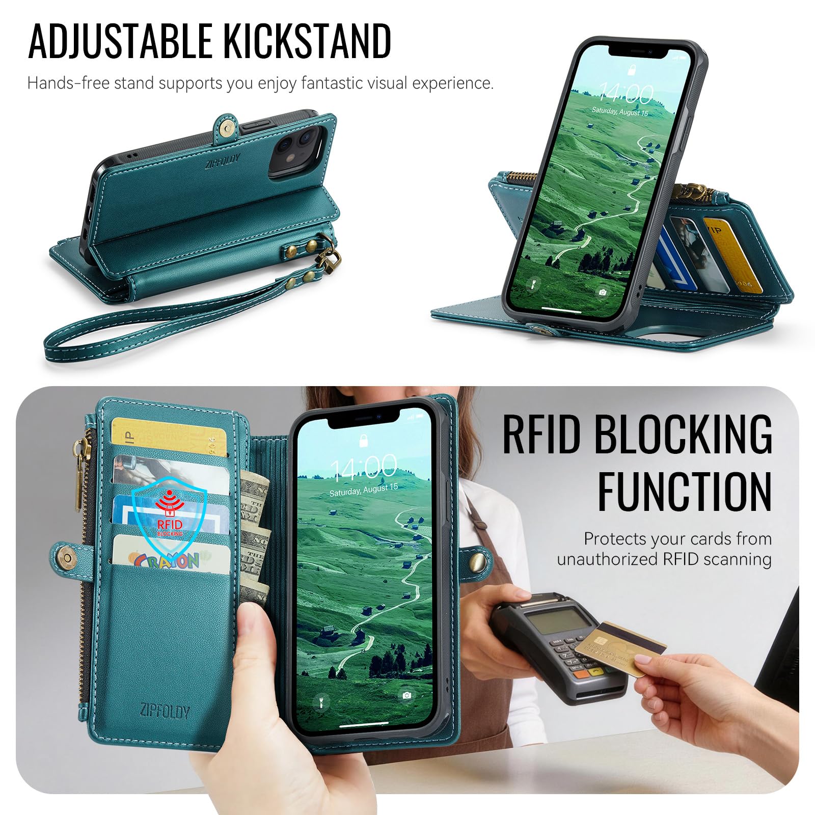 per iPhone 11 - Custodia a portafoglio magnetica staccabile | Compatibile con Magsafe, porta carte di credito con blocco RFID, tasca con cerniera, cinturino da polso