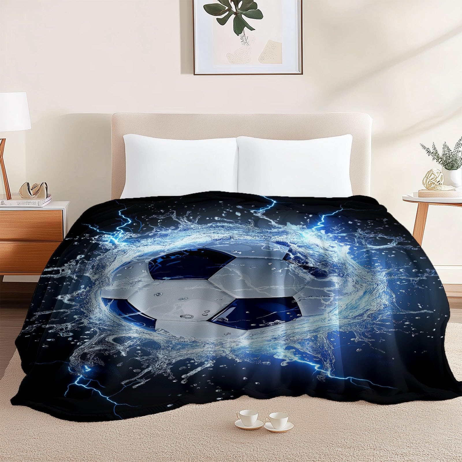 220 x 240 cm Koc sportowy do piłki nożnej Puszysty ciepły koc flanelowy, czarny, niebieski polar, kocyk dla dzieci Dorosły, ciepły, na sofę, narzuta na sofę