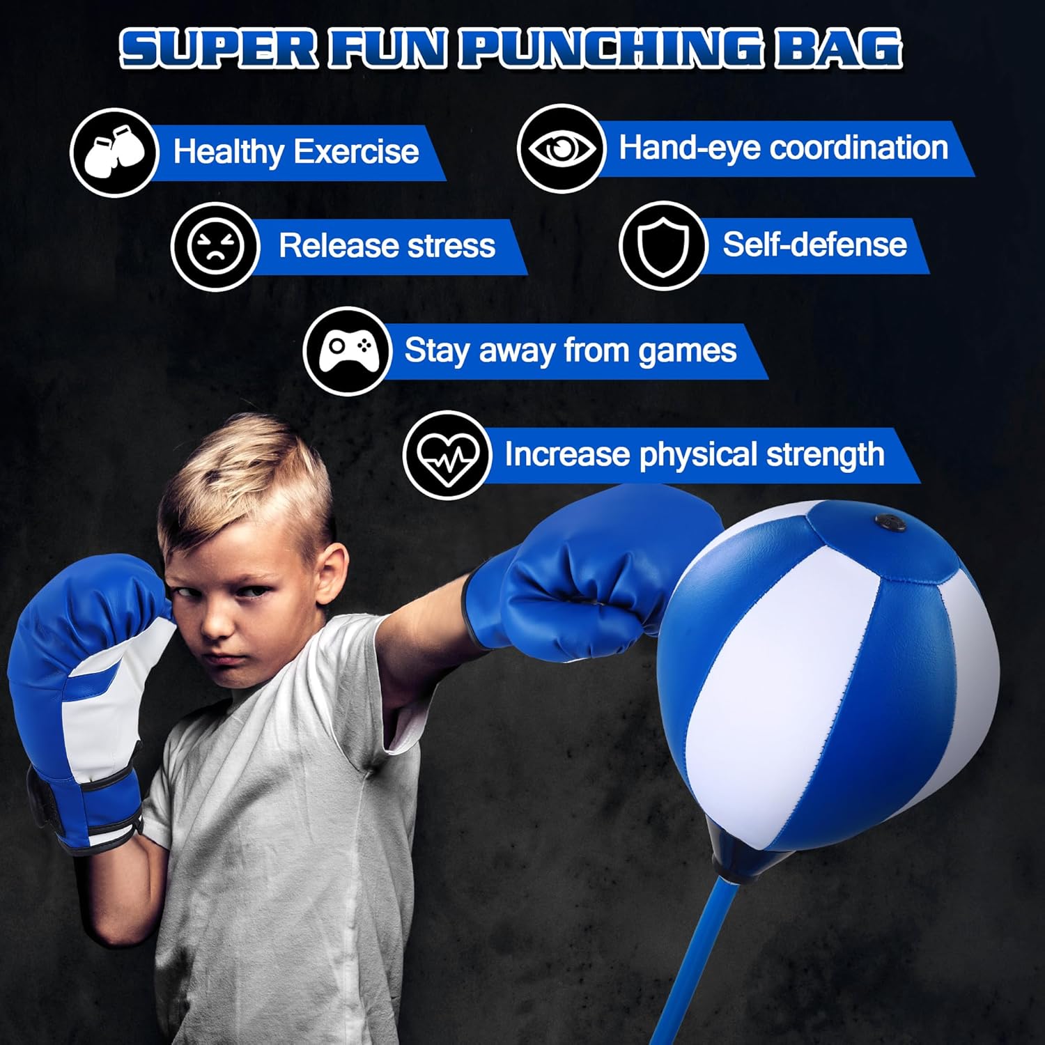 Punching Bag for Ages 3 4 5 6 7 8  Years Old Kids, Boxing Bag Set Toy with Boxing Gloves, Height Adjustable Punching Bag, Sport Toy for Boys & Girls, Ideal Christmas Birthday Gift for Kids