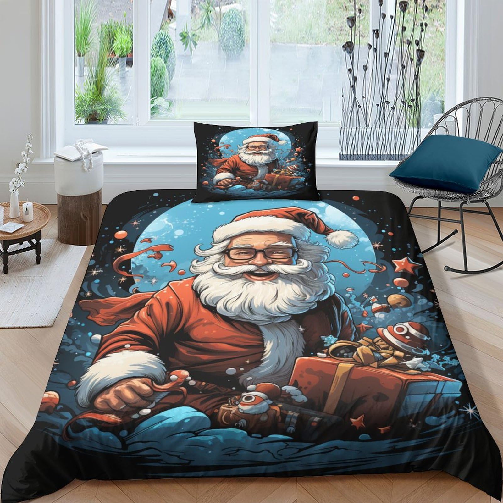 Housse de couette Noël 3D en microfibre respirante et zippée pour lit 1 personne