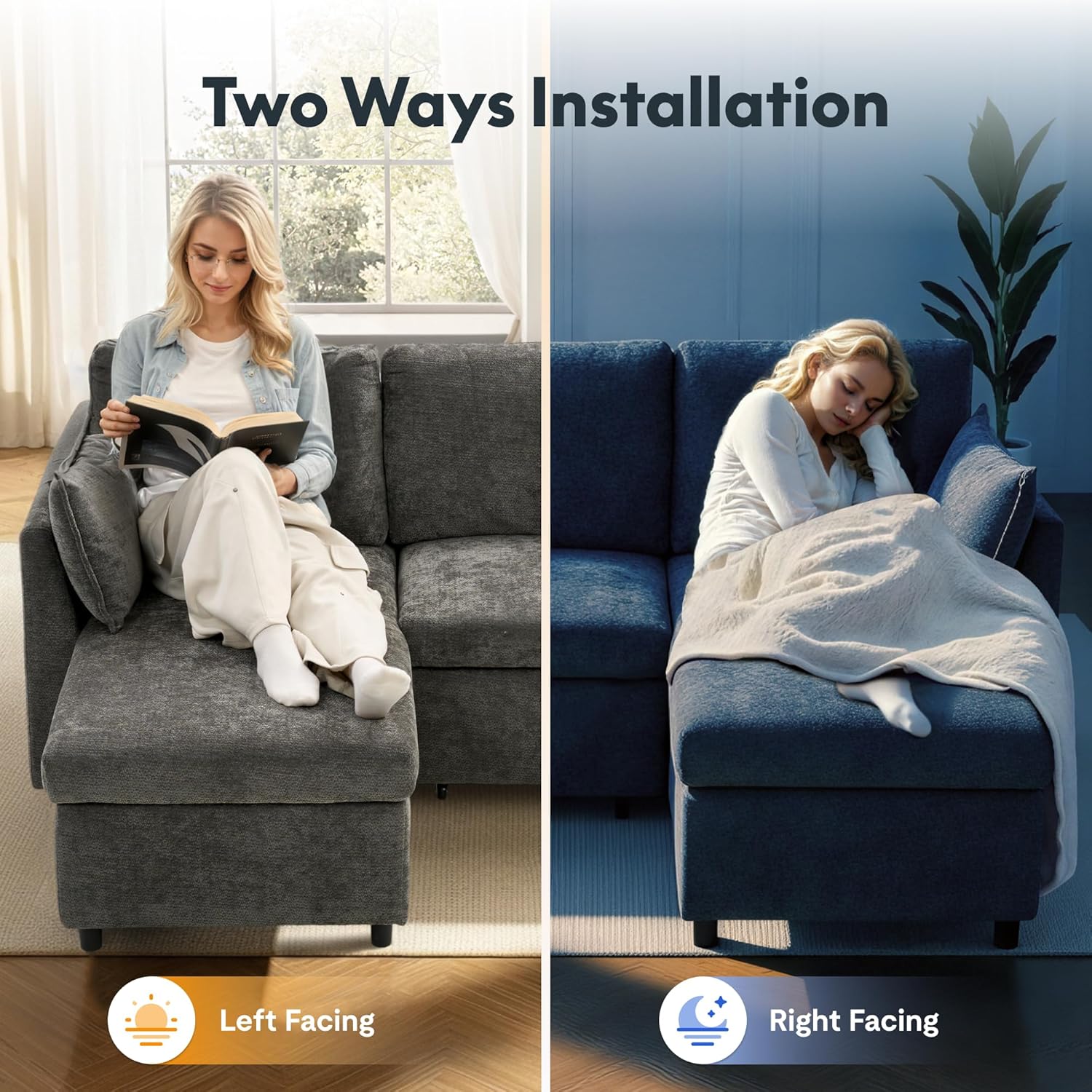 Two ways installation for reversible L-shaped chaise sectional