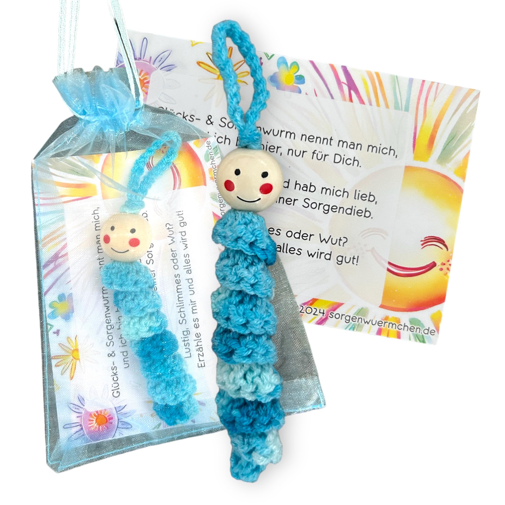 Sorgenwürmchen Glückswürmchen Worry Worm handmade gehäkelt in vielen Farben (10 - blau meliert)