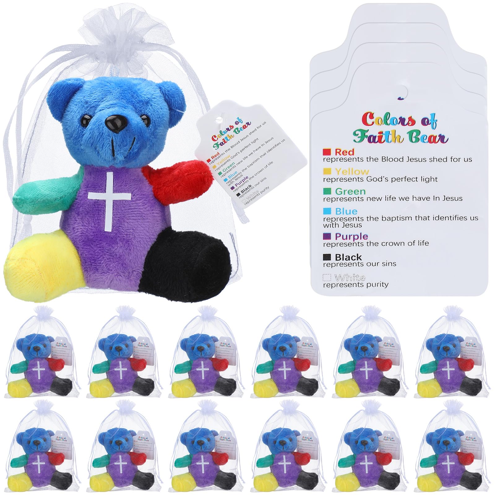 Silipull 12 Sets Color of Faith Stuffed Bears 4.2'' Religious Mini Plush Bears Christian VBS Sunday School Craft Gifts Rainbow Bible Verse for Baptism Party Favor Gifts Box Stuffers โ image 1