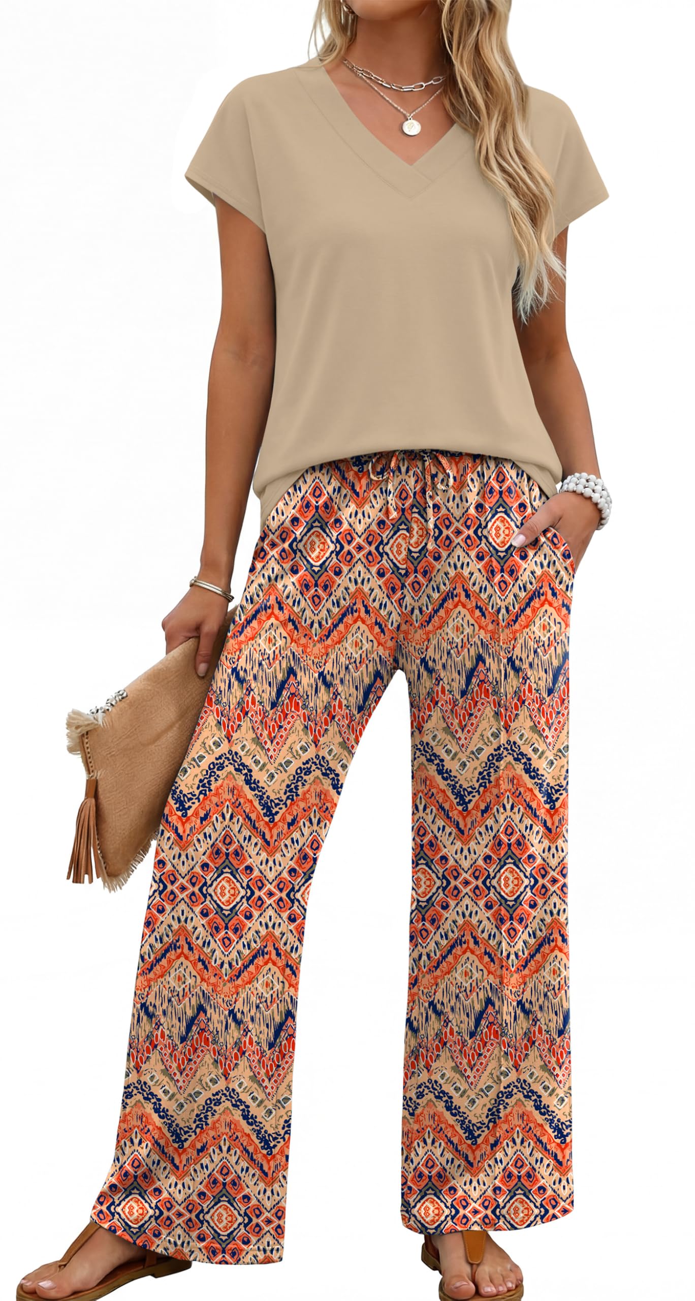 XIEERDUO Women's 2 Piece Sets Summer Beach Vacation Cruise Travel Outfits Printed Wide Leg Pant V Neck Cap Sleeve Tops