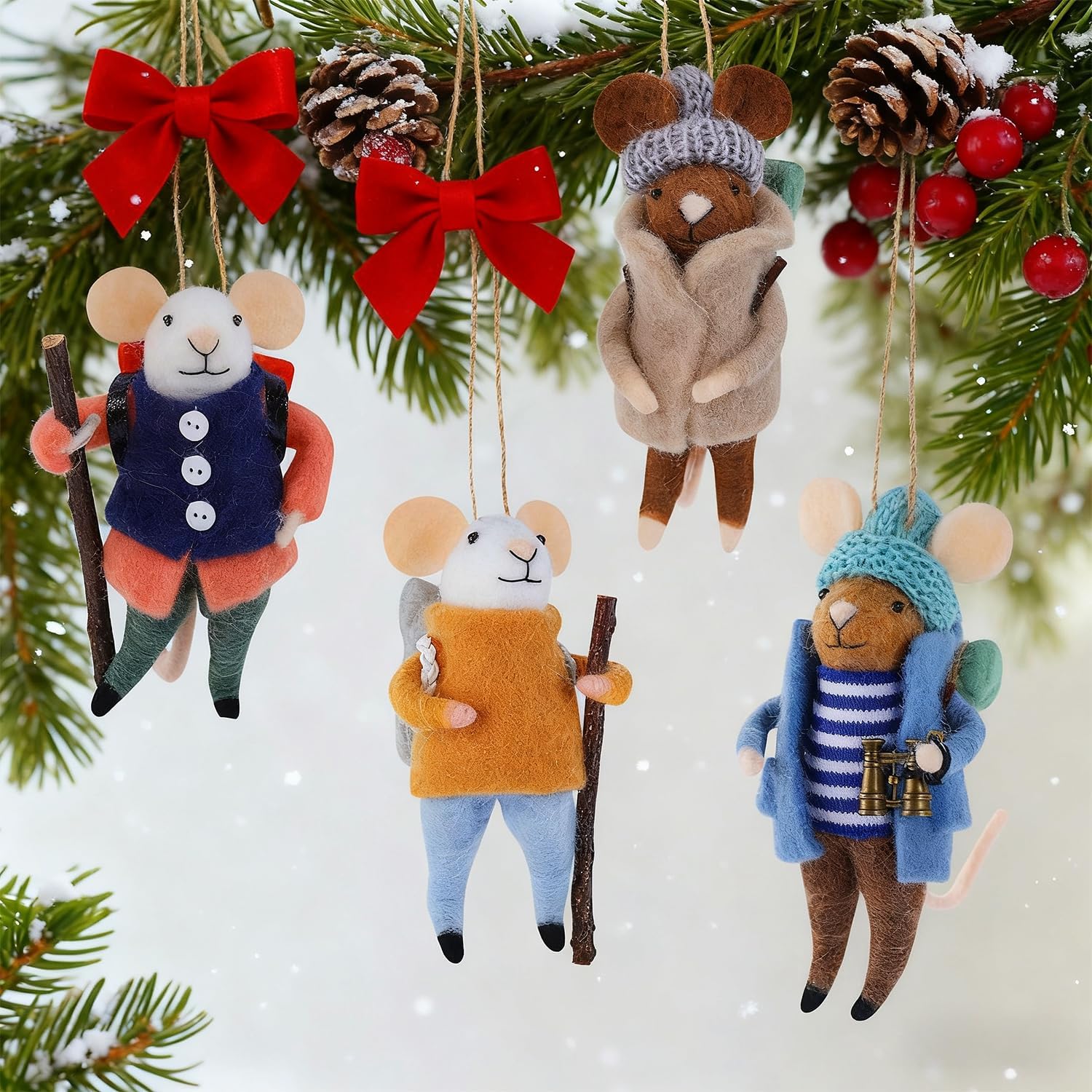 Set of 4 Christmas Felt Mouse Ornaments, 5" Mini Backpacking Mice for Christmas Tree Wreath Hanging, Wool Xmas Tabletop Decor, Animal Crafts for Holiday Easter Gifts Party Supply