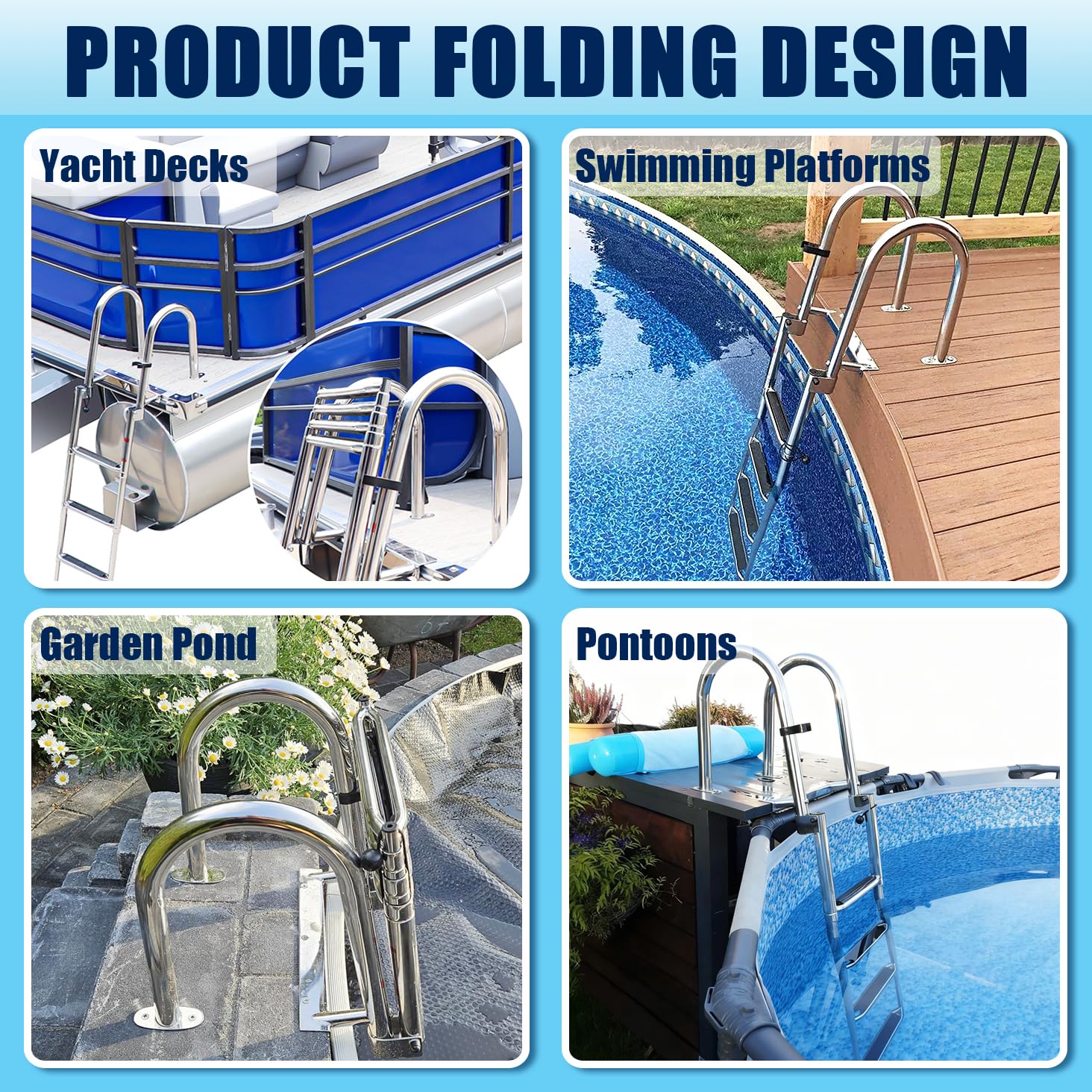 Edelstahl Poolleiter klappbar 120/122/132/135/150 cm Poolhöhe, Stabile extra breite Schwimmbadleiter für Salzwasser, Pooltreppe für Rundpool & klappbare Bootsleiter