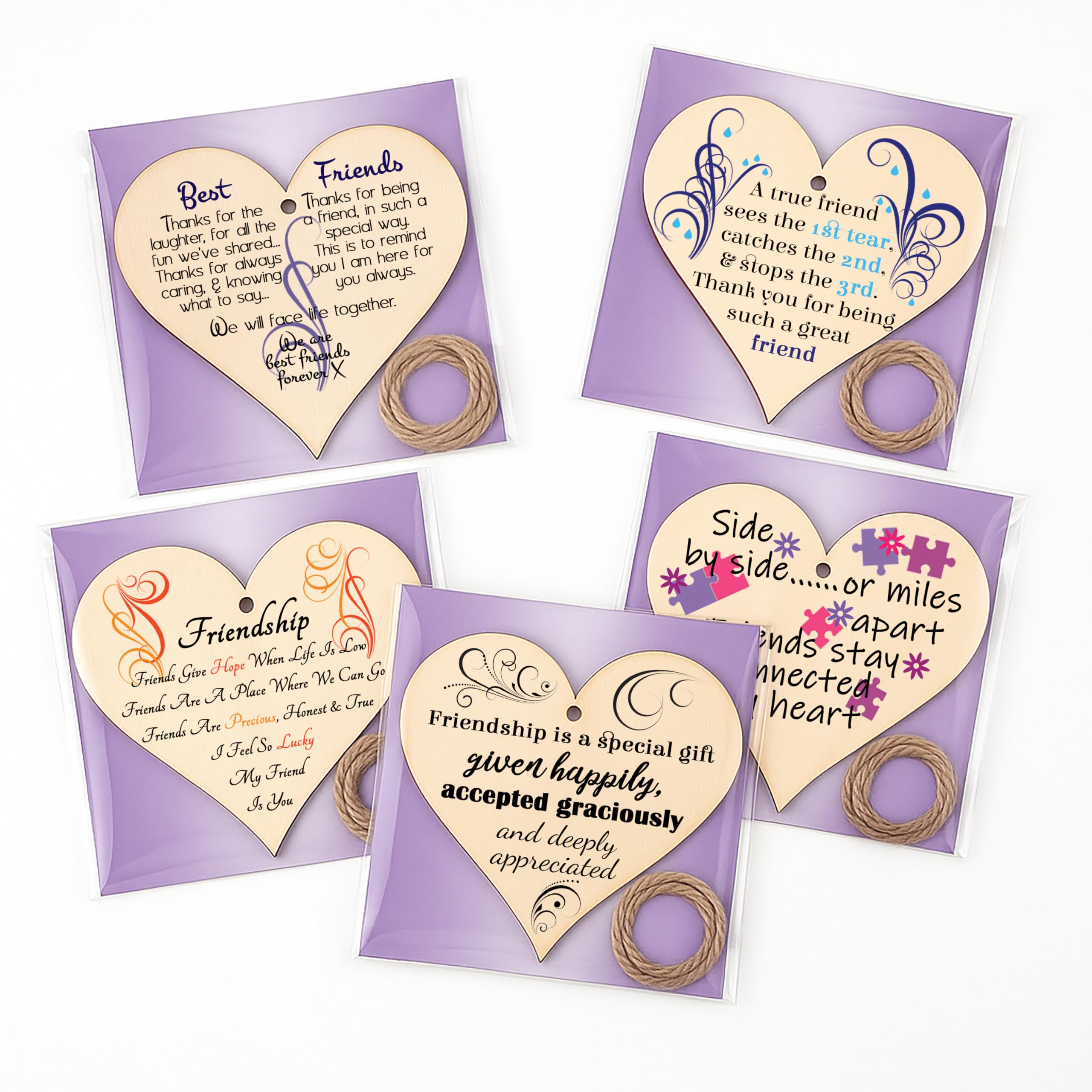 Gift In Can Pack Of 5 Mixed Designs Pack Of 5 Heart Shaped Friendship Gift Plaques – Set Of Sentimental Wooden Hanging Decorations With Twine – Uplifting Quote For Best Friend, Bff, Colleague Or Loved One