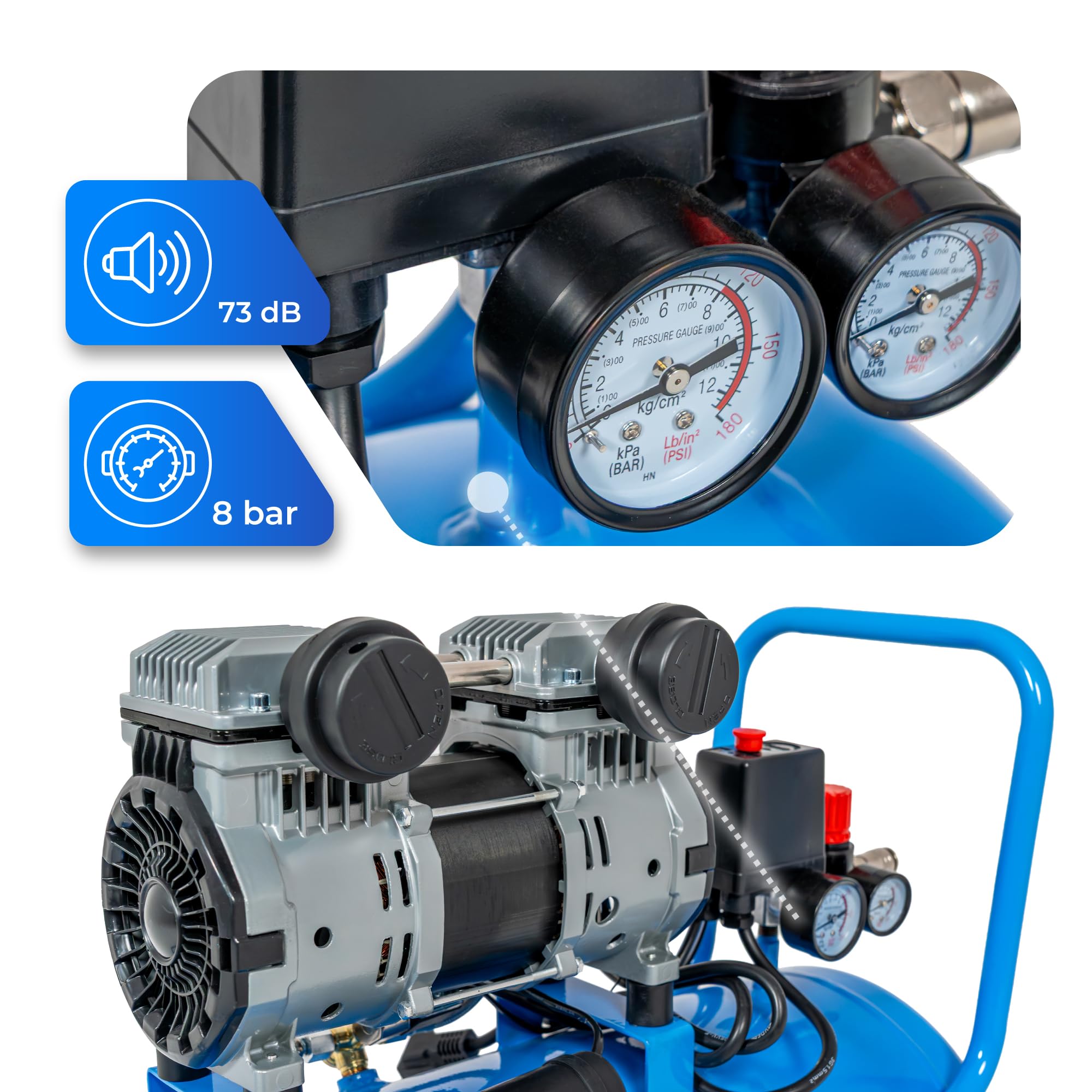 Compressore d'aria 50L, 8 Bar, 1500W / 3000W, oil-free o lubrificato ad olio, 250–380 l/min, 1/4", 2 uscite, manometro, riduttore di pressione, per officina, garage e pneumatici (2T-50L)