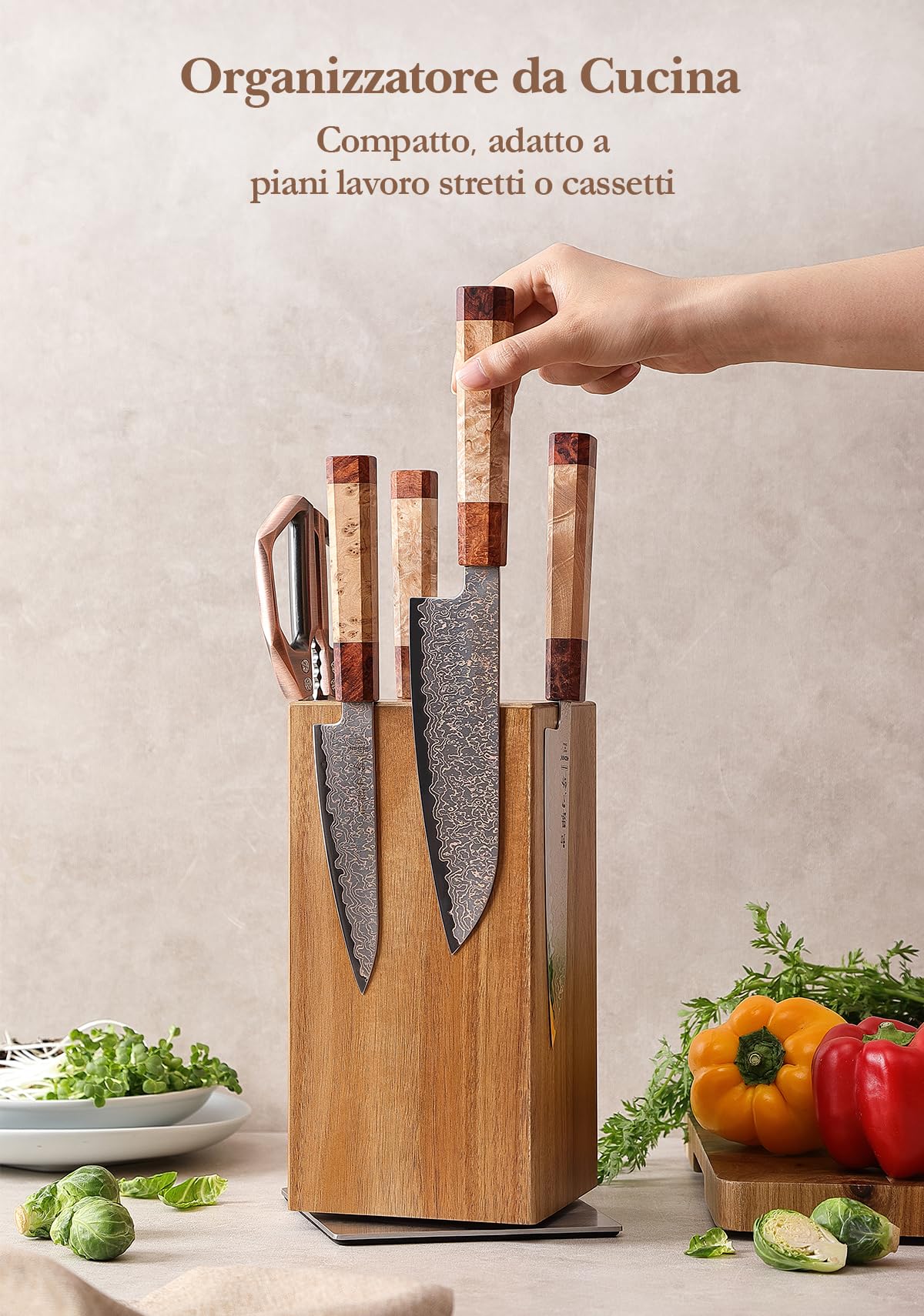 HEZHEN Ceppo Portacoltelli Magnetico Girevole 360° Legno d'Acacia - Blocco Rotazione - Supporto Magnetico a Quattro Lati per Coltelli da Cucina con Base Antiscivolo