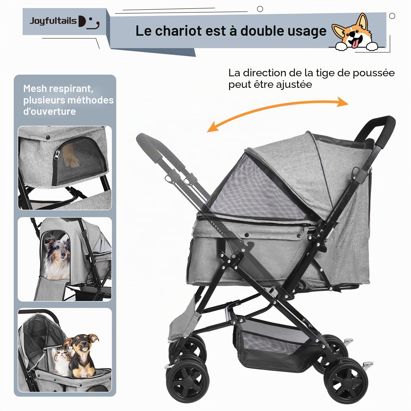 Poussette Pliable Chien/Chat 20kg Capacité - Buggy Tout Terrain avec Toit Amovible, Poignée Ergonomique et Roues Verrouillables & Housse Imperméable, Gris