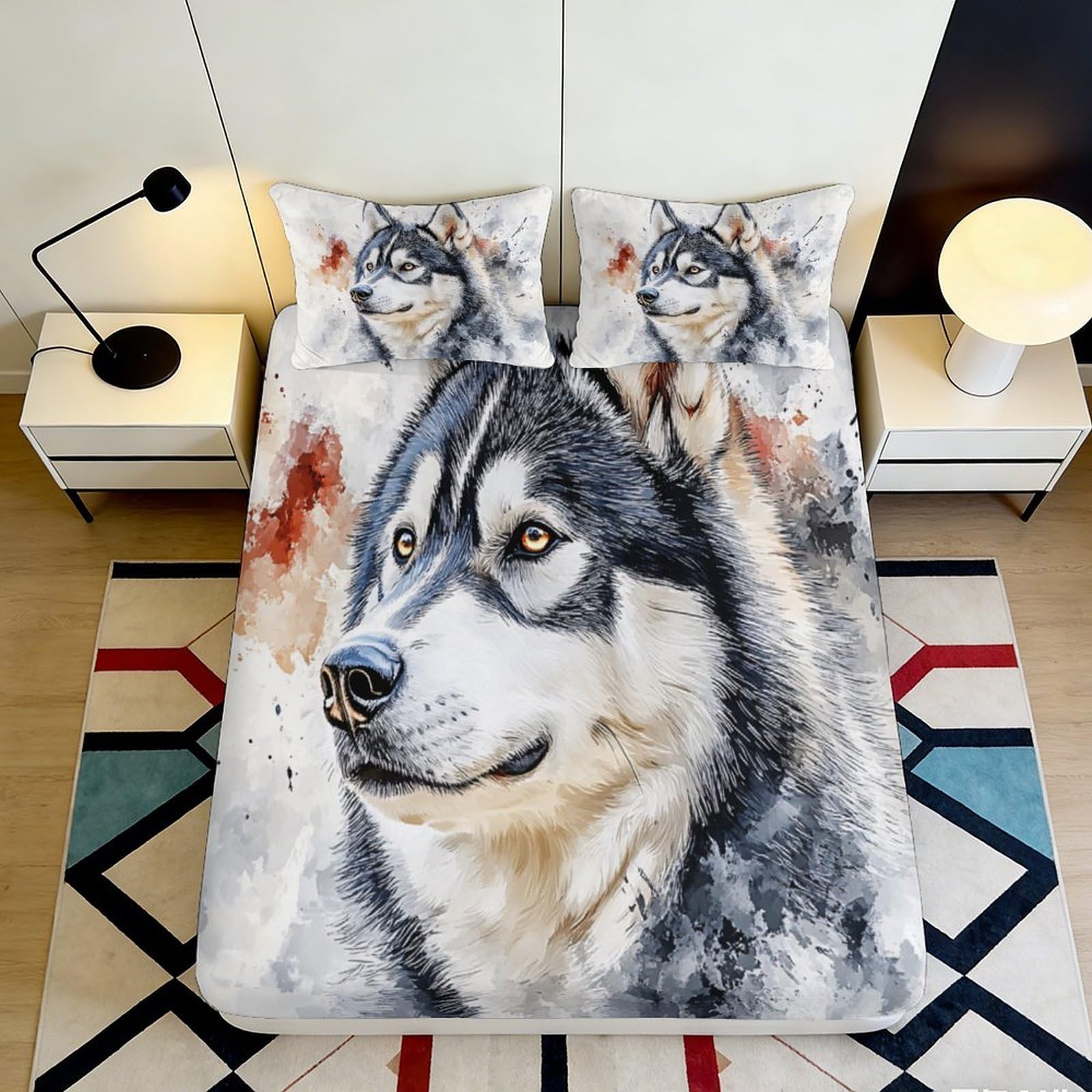 3D Printed Husky Wolf Fitted Sheet Microfiber Soft Breathable Animal Art Bed Cover for Bedroom Guest Room Decor 180x200x25cm
