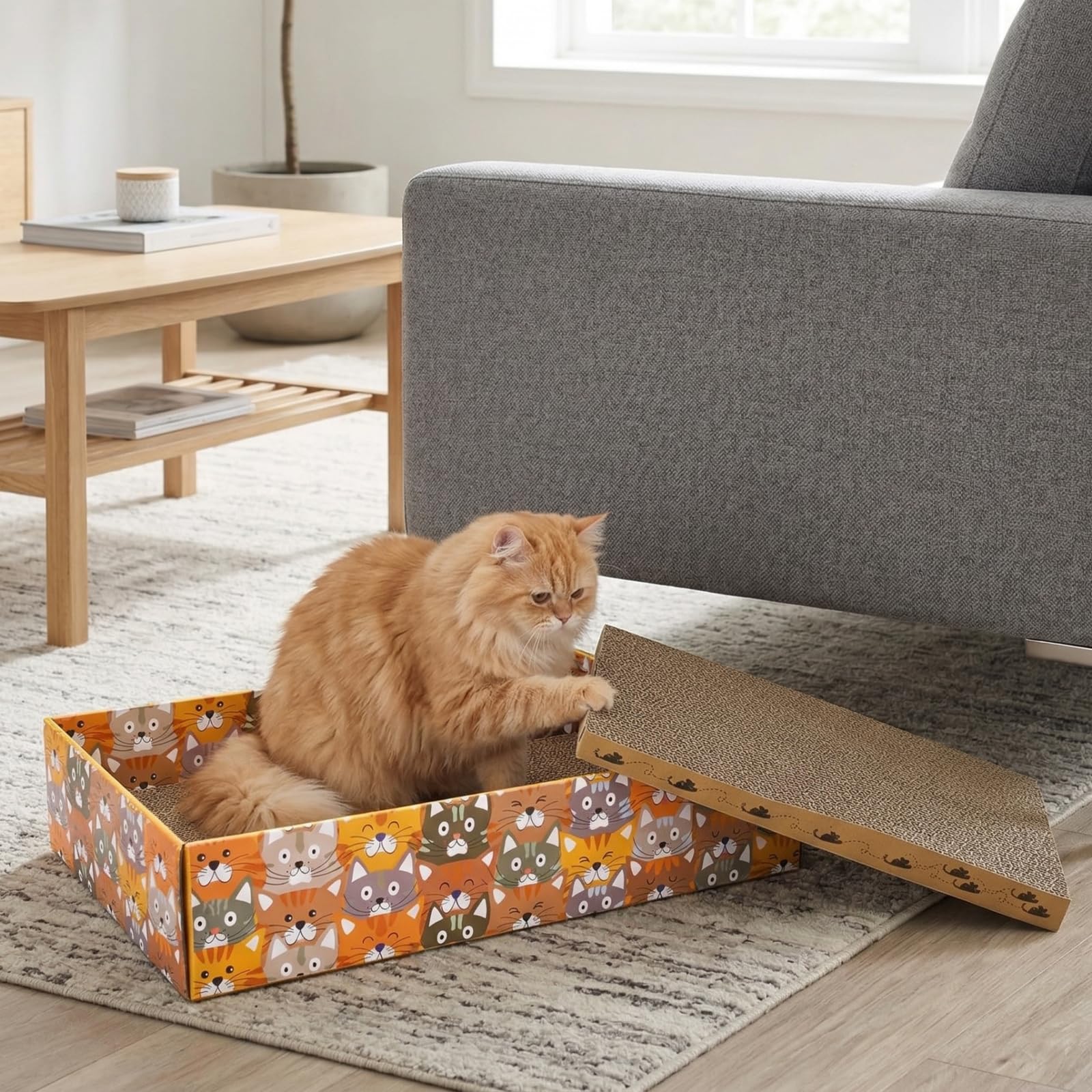 Pumtus Juego de 2 rascadores de cartón para gatos, 6 almohadillas corrugadas para gatos con 2 cajas, bonito sofá cama reversible para gatitos, salón recargable en forma de onda, juguete interactivo